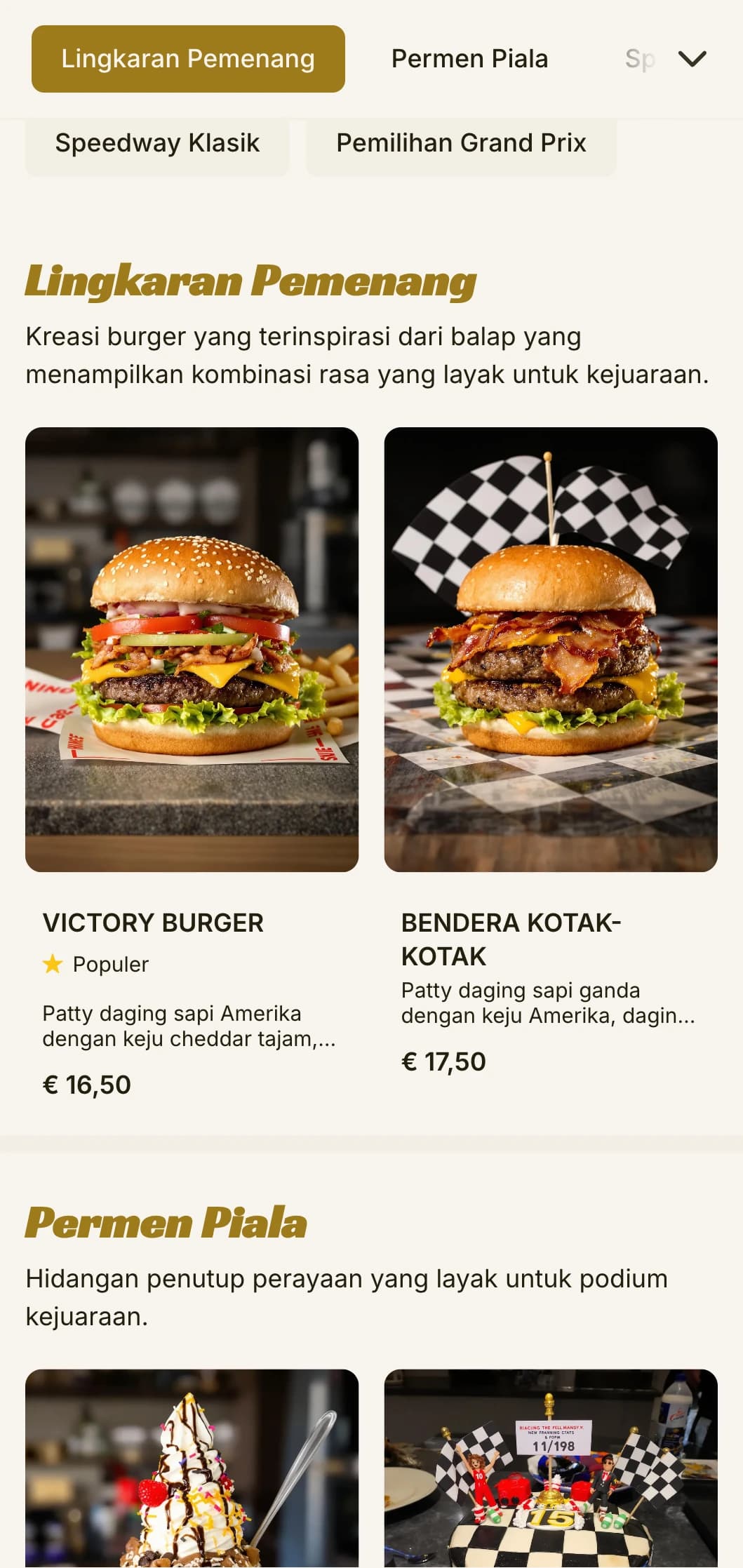 Gerai burger yang terinspirasi dari balap dengan elemen motorsport dan suasana jalur kemenangan.