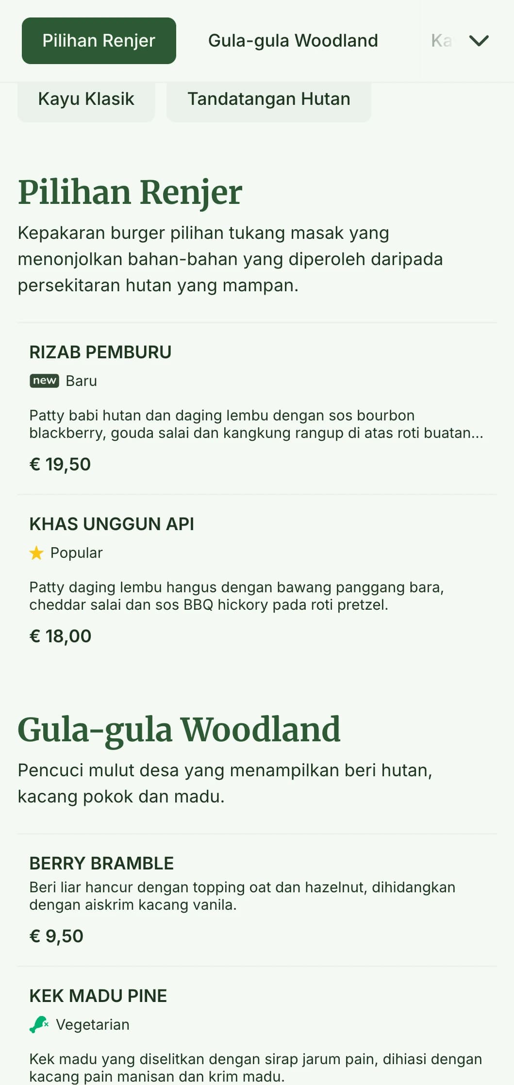 Pengalaman burger yang diilhamkan oleh hutan dengan tekstur kayu dan palet warna tanah.