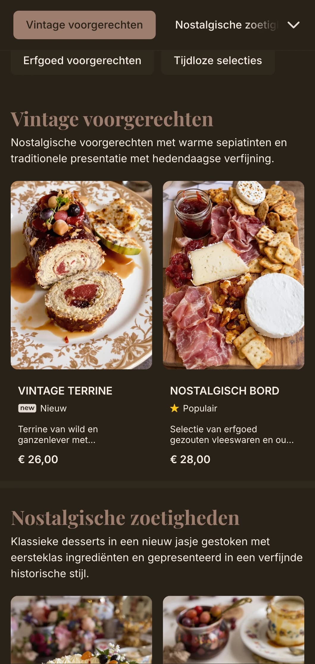 Nostalgisch concept met warme sepiatinten en vintage luxe elementen voor een tijdloze eetervaring.