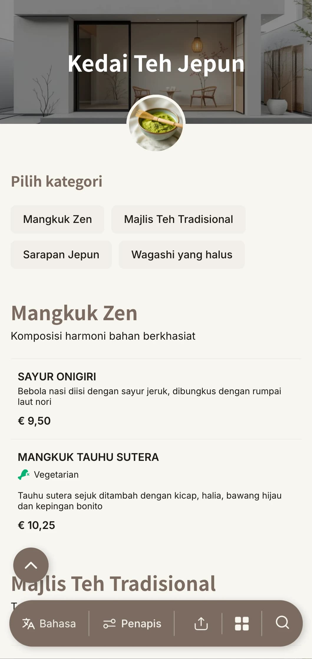 Reka bentuk minimalis yang diilhamkan oleh estetika Jepun untuk rumah teh dan kafe zen.