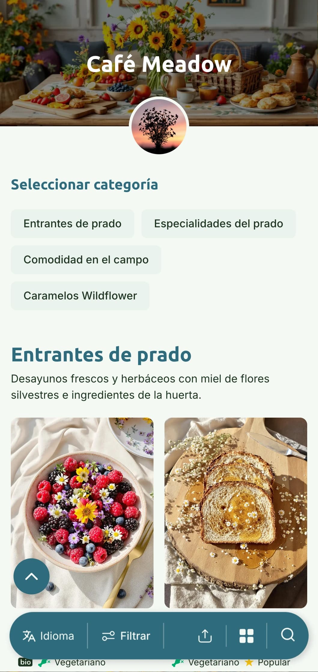 Desayunos frescos y saludables inspirados en las flores y hierbas de los prados en una presentación luminosa y natural.