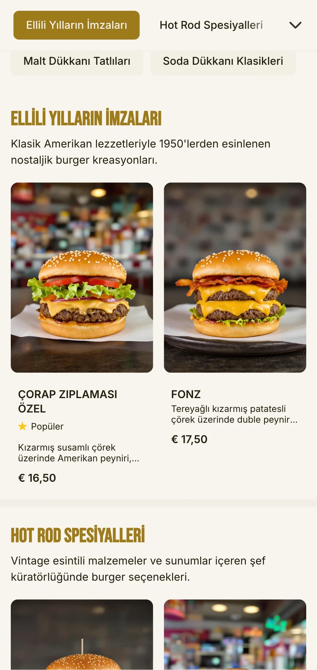 Dama tahtası desenleri ve nostaljik gazoz dükkanı öğeleriyle 1950'lerden ilham alan hamburger dükkanı.