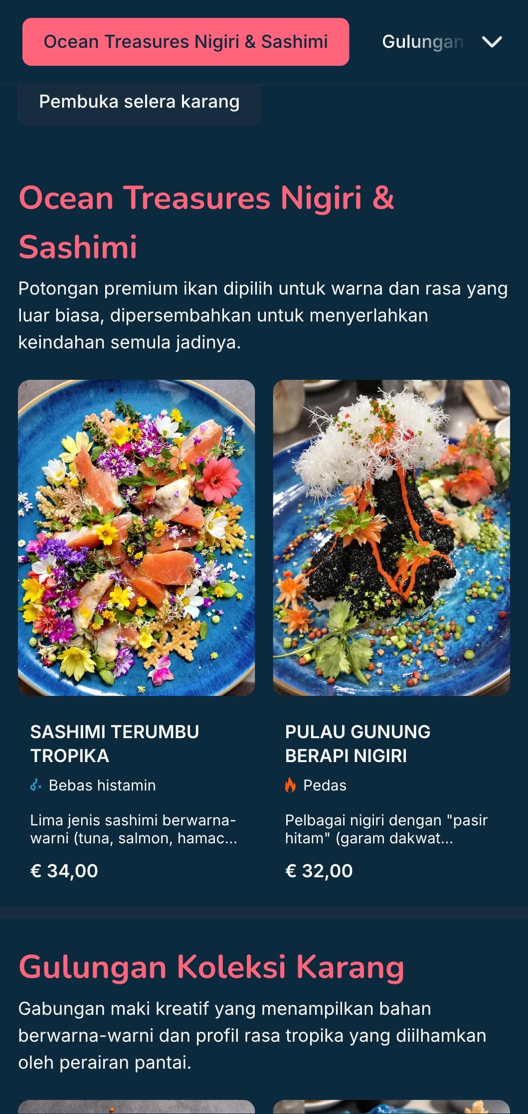 Menu sushi berinspirasikan lautan meriah yang menampilkan aksen merah jambu karang dengan latar belakang biru tua, sesuai untuk pakar makanan laut.