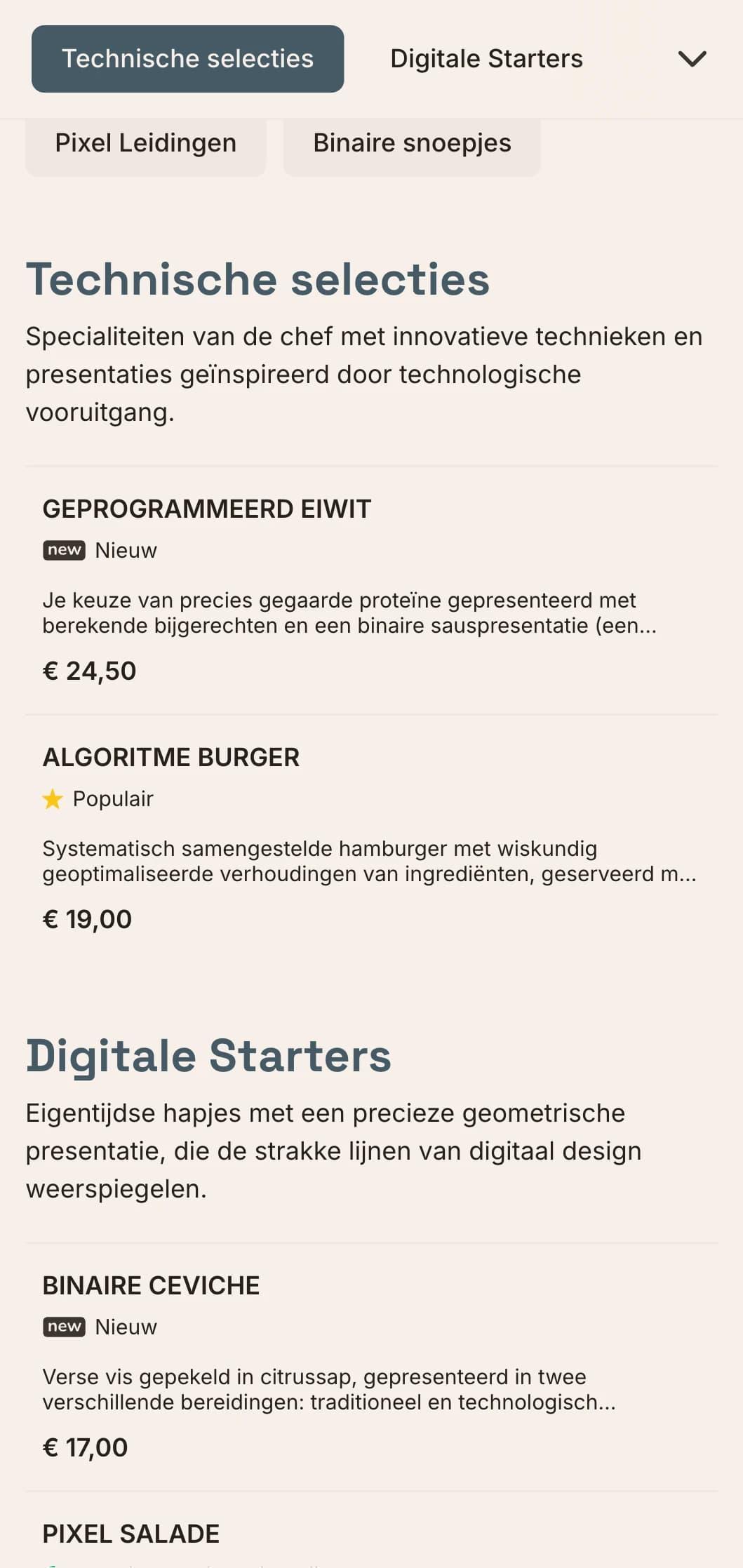 Digitaal geïnspireerd lunchmenu-ontwerp met technische esthetiek en precieze rasterindeling, perfect voor restaurants in innovatiewijken en in de buurt van technische bedrijven.