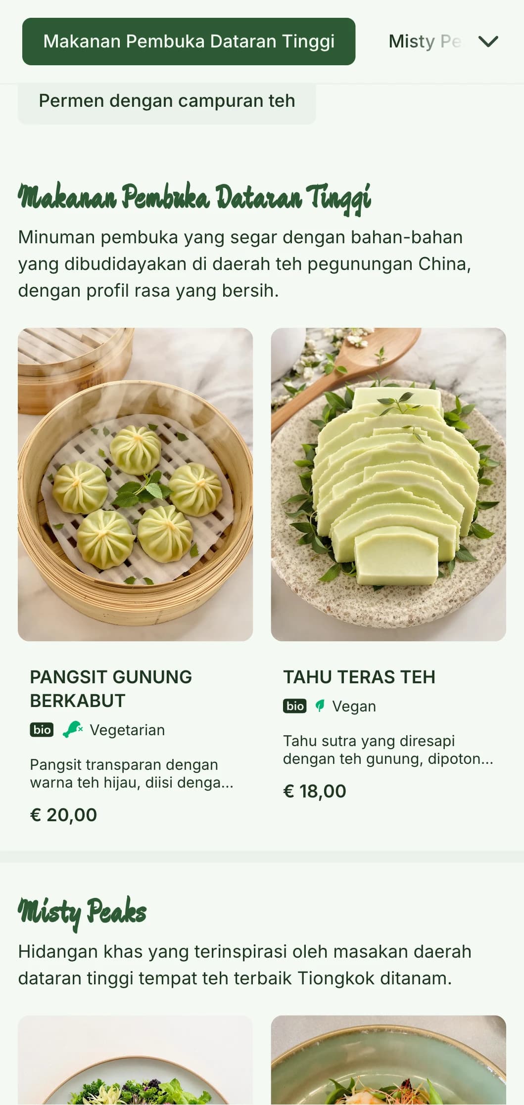 Desain menu Cina yang tenang terinspirasi dari perkebunan teh di pegunungan, dengan elemen segar untuk hidangan yang mengandung teh.