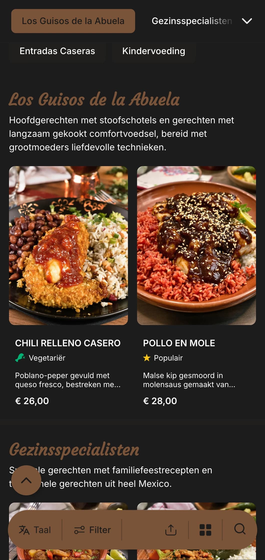 Warm en comfortabel Mexicaans huismenu met grootmoeders recepten, warme bruine accenten en traditionele familiegerechten.