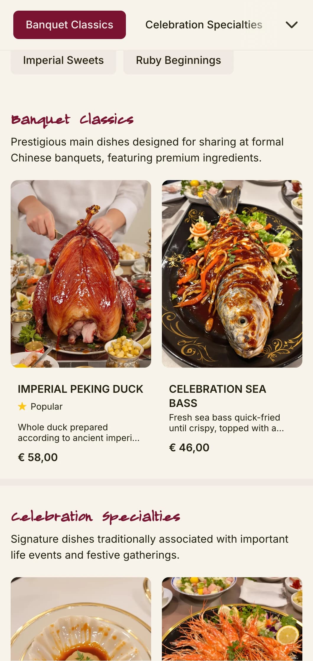 Luxurious Chinese menu design inspired by imperial banquets, with ruby accents for festive and celebratory cuisine.