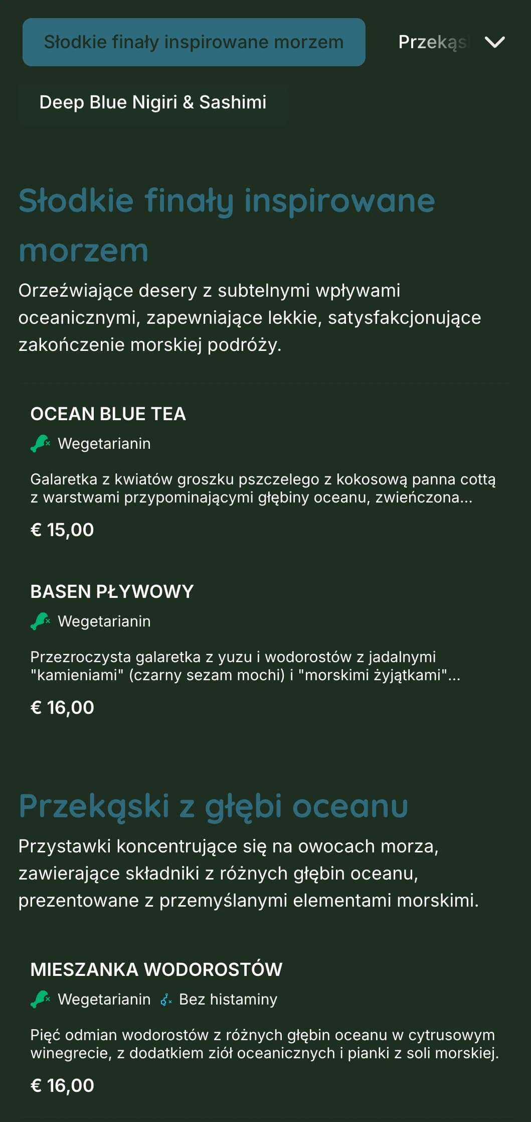 Spokojne, granatowe menu sushi inspirowane głębinami oceanu, z elementami morskimi i świeżymi owocami morza.