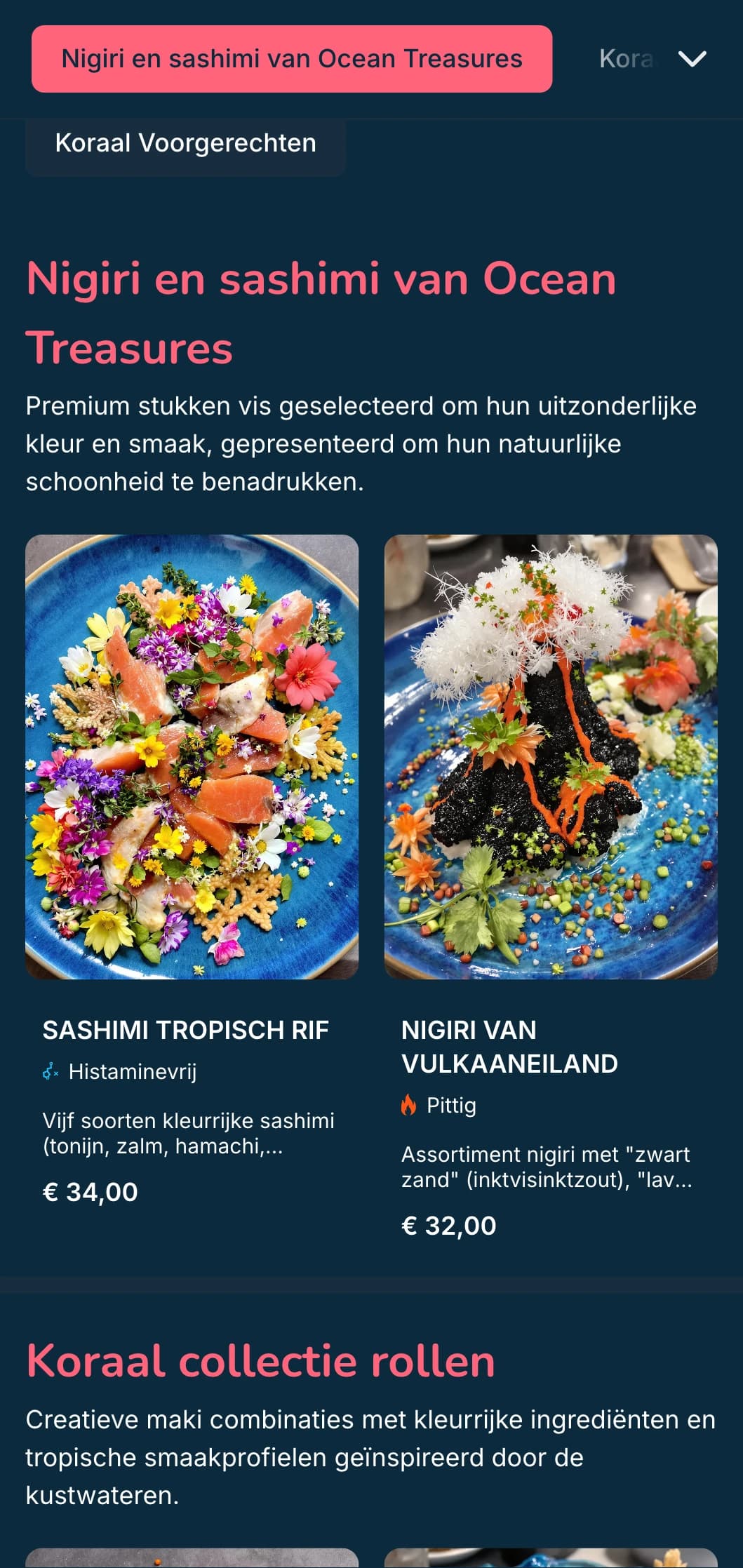 Levendig op de oceaan geïnspireerd sushi-menu met koraalroze accenten tegen een diepblauwe achtergrond, perfect voor vis-, schaal- en schelpdierenspecialisten.
