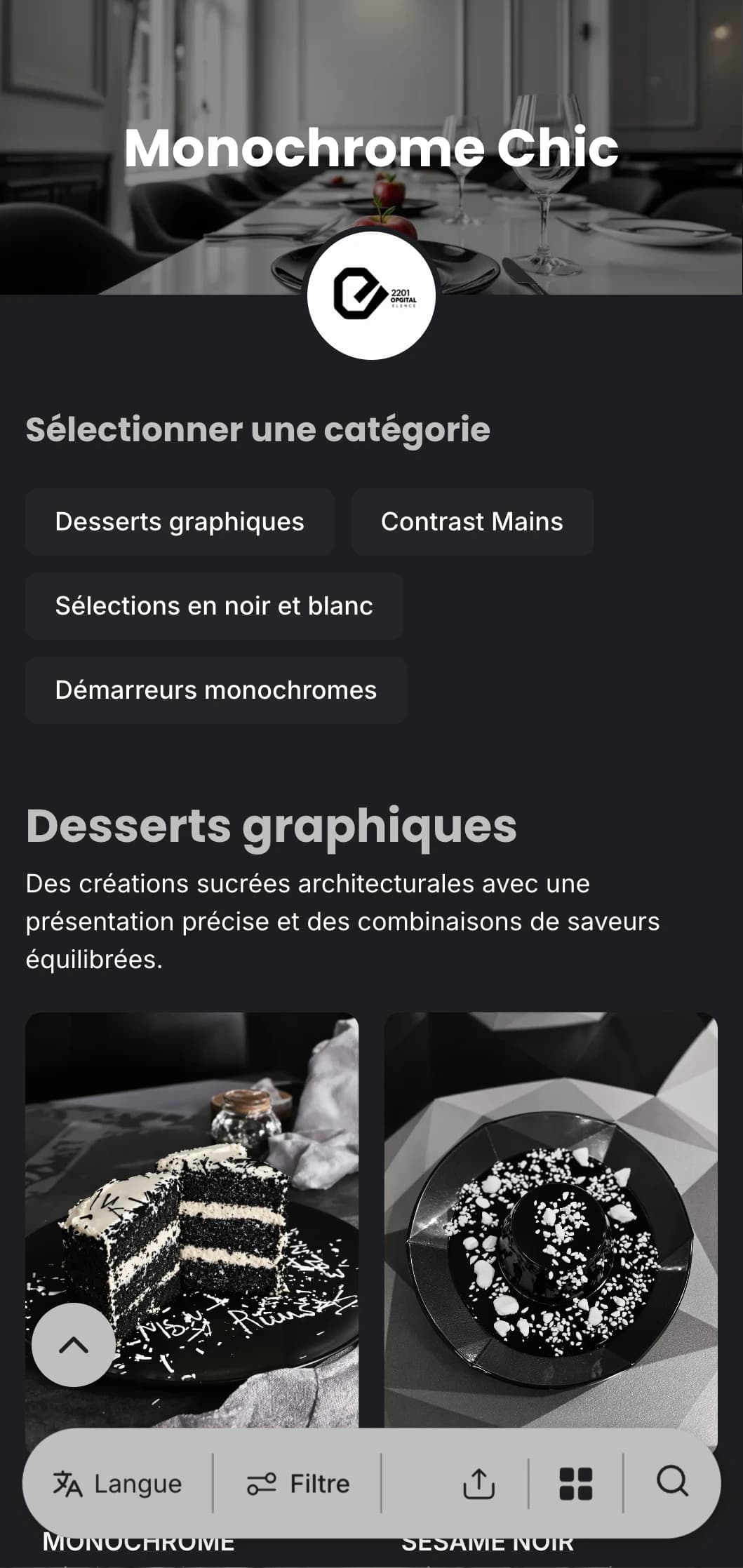 Un menu sophistiqué en noir et blanc, avec une typographie audacieuse et des lignes épurées, conçu pour la gastronomie contemporaine.