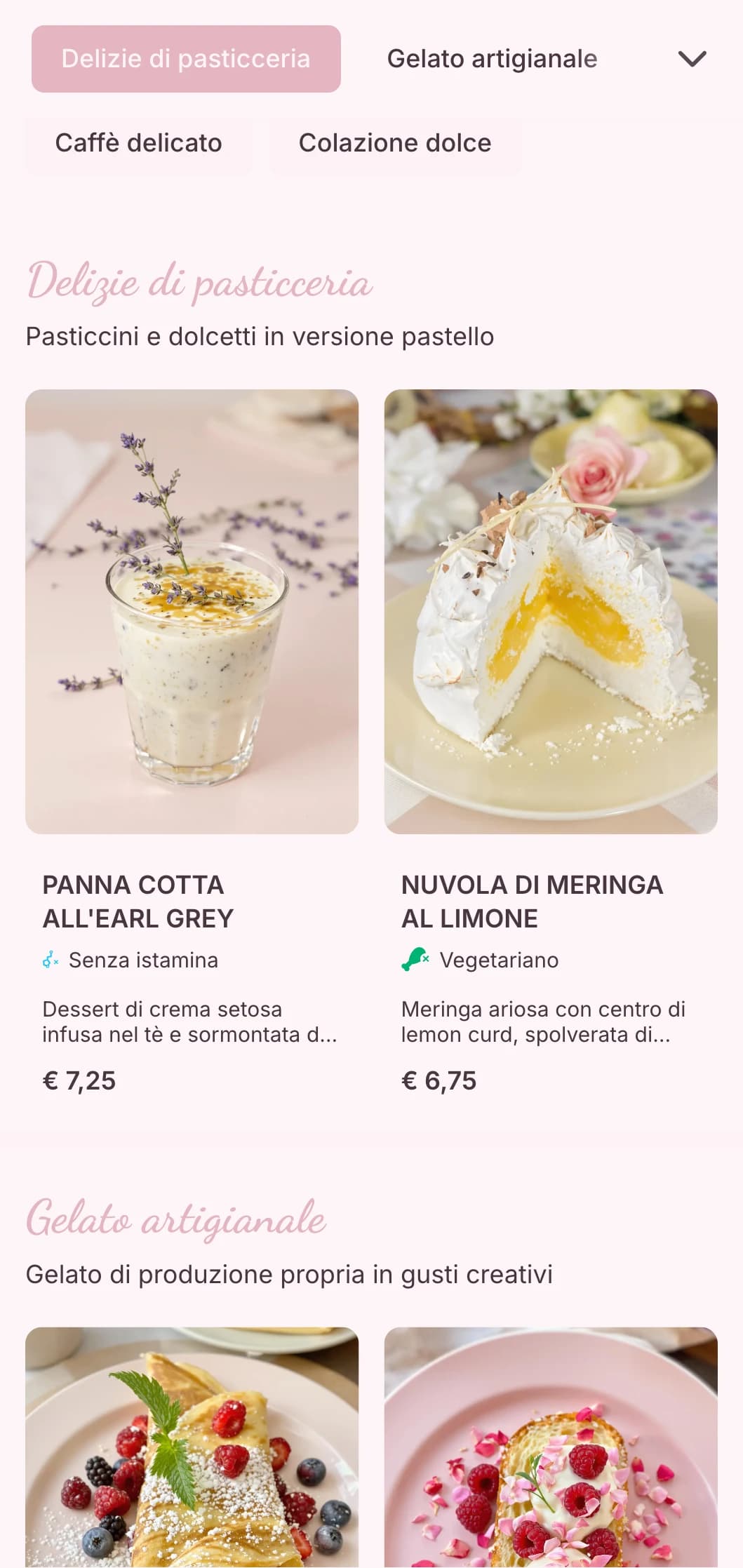Dolce design pastello con elementi giocosi per caffè e gelaterie.