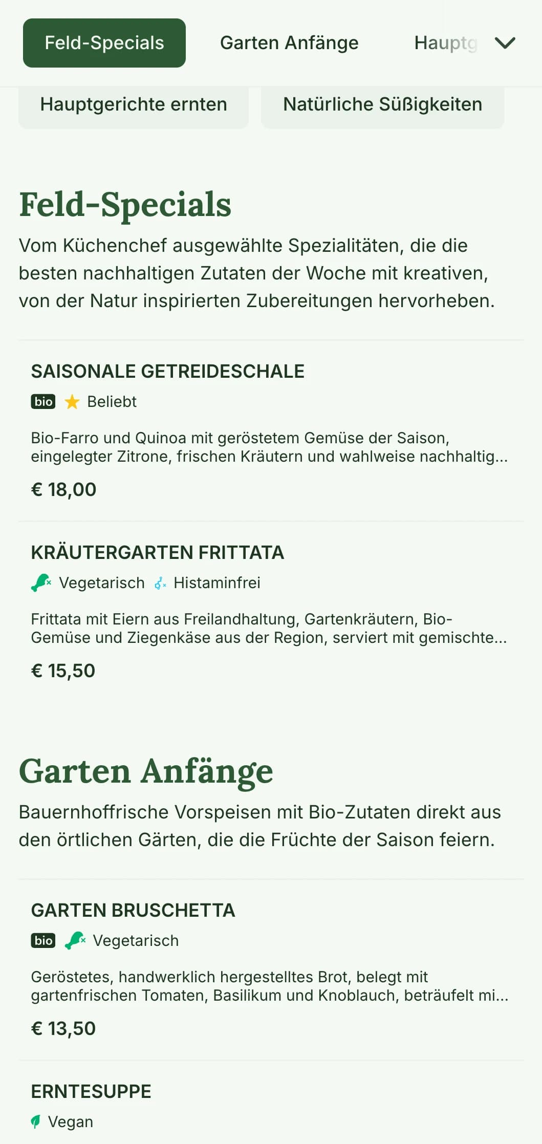 Frische, von der Natur inspirierte Mittagsmenüs mit saisonalen Zutaten und Angeboten vom Bauernhof, ideal für Cafés und Restaurants mit dem Schwerpunkt auf gesunden, biologischen Mittagsgerichten.
