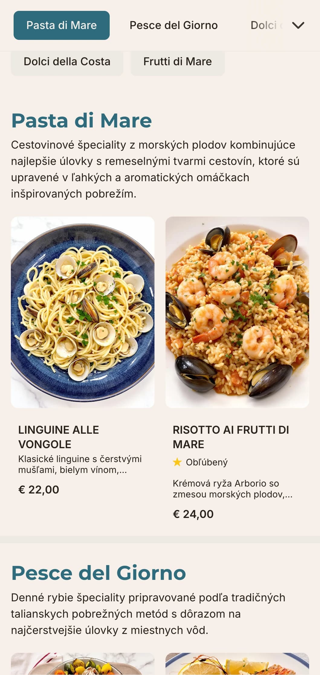 Dizajn inšpirovaný Stredomorím s prímorskou modrou, čistou typografiou a vzdušným rozložením pre talianske podniky s morskými plodmi.