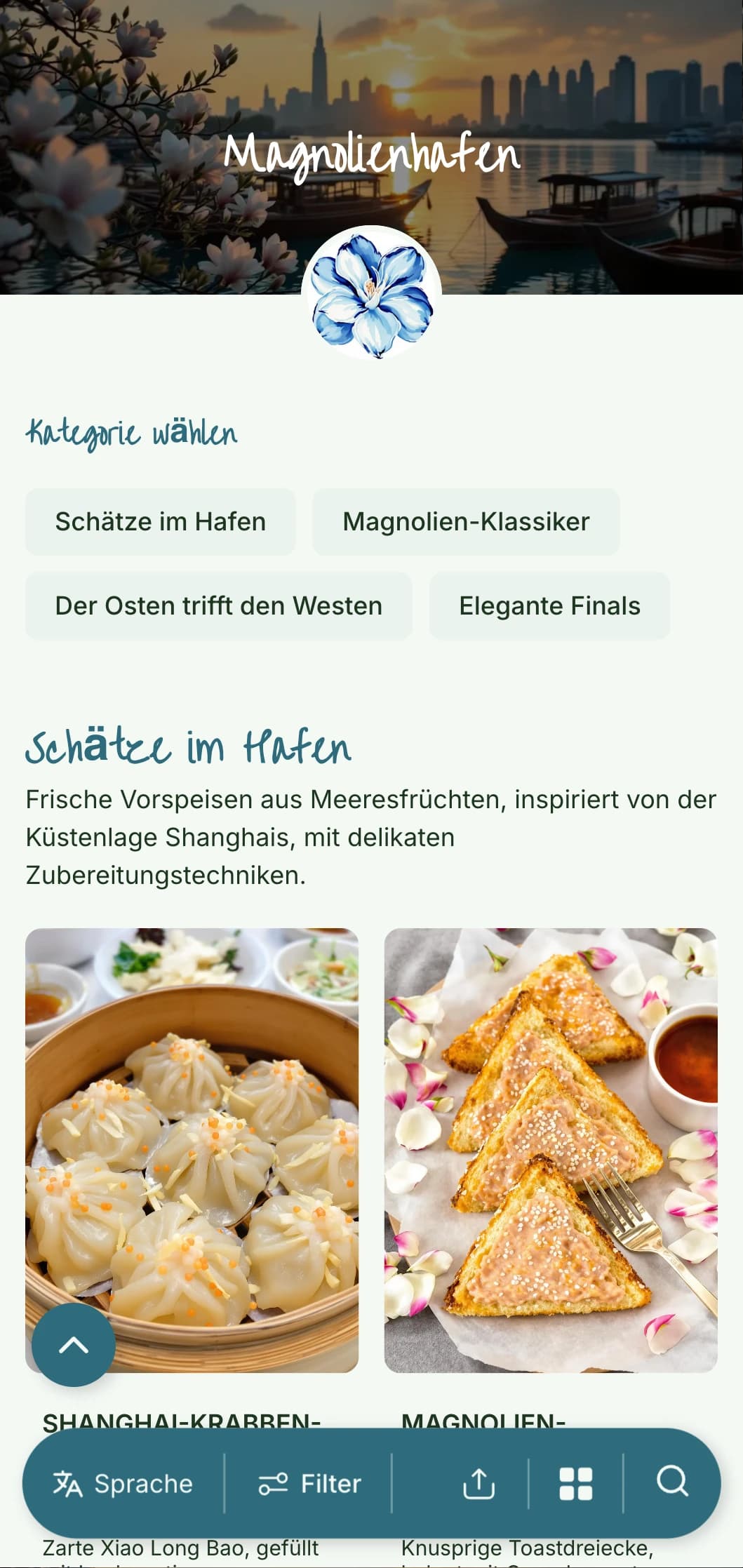 Elegantes chinesisches Menüdesign, inspiriert von der Küche Shanghais und der Ästhetik des Hafens, mit floralen Akzenten für ein raffiniertes Essen.