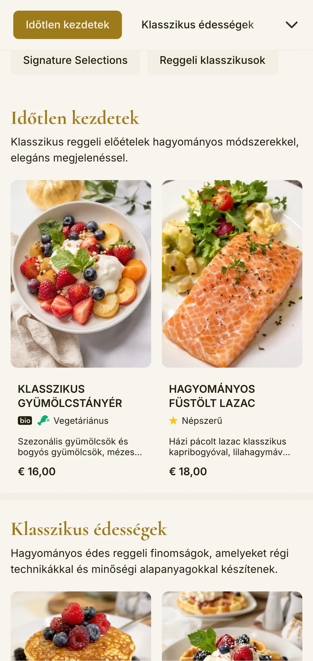 Elegáns, klasszikus reggeli, amelyet kifinomult részletességgel és hagyományos szolgáltatási elemekkel mutatnak be.