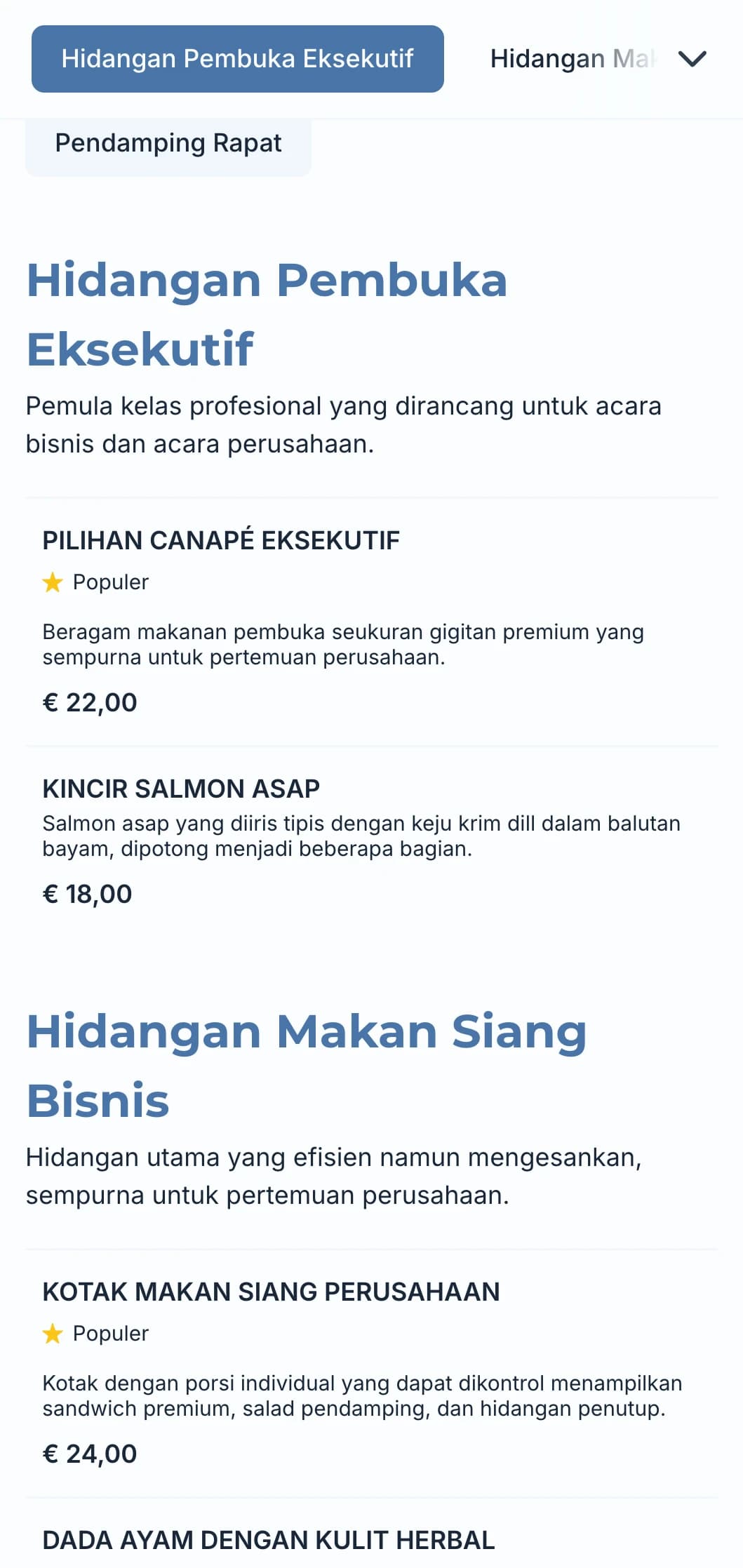 Layanan katering profesional yang dirancang untuk pertemuan bisnis dan acara perusahaan, dengan fokus pada layanan yang efisien dan presentasi yang berkualitas.