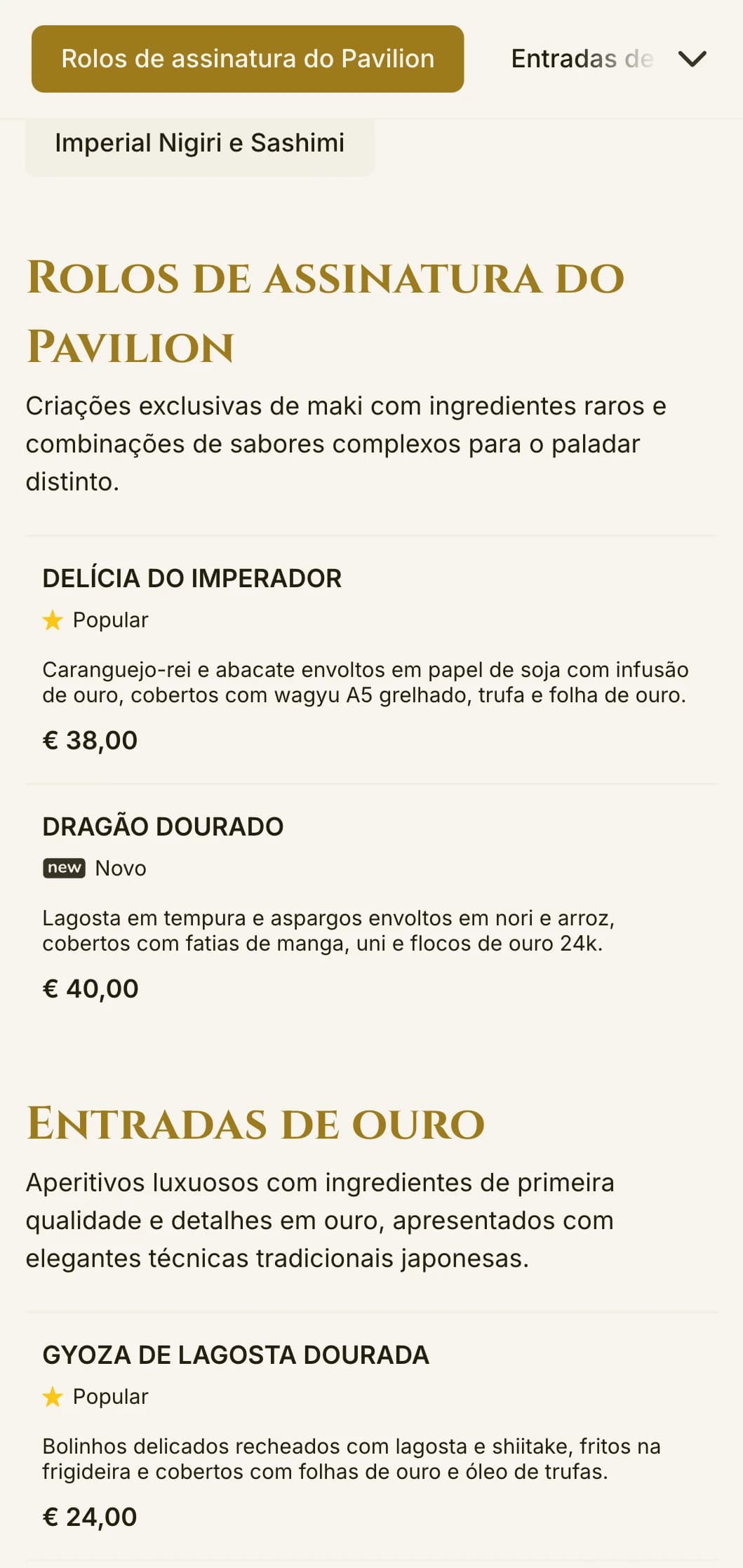 Luxuoso menu de sushi com detalhes em dourado, inspirado no famoso templo de Kyoto, com tipografia elegante e elementos tradicionais.
