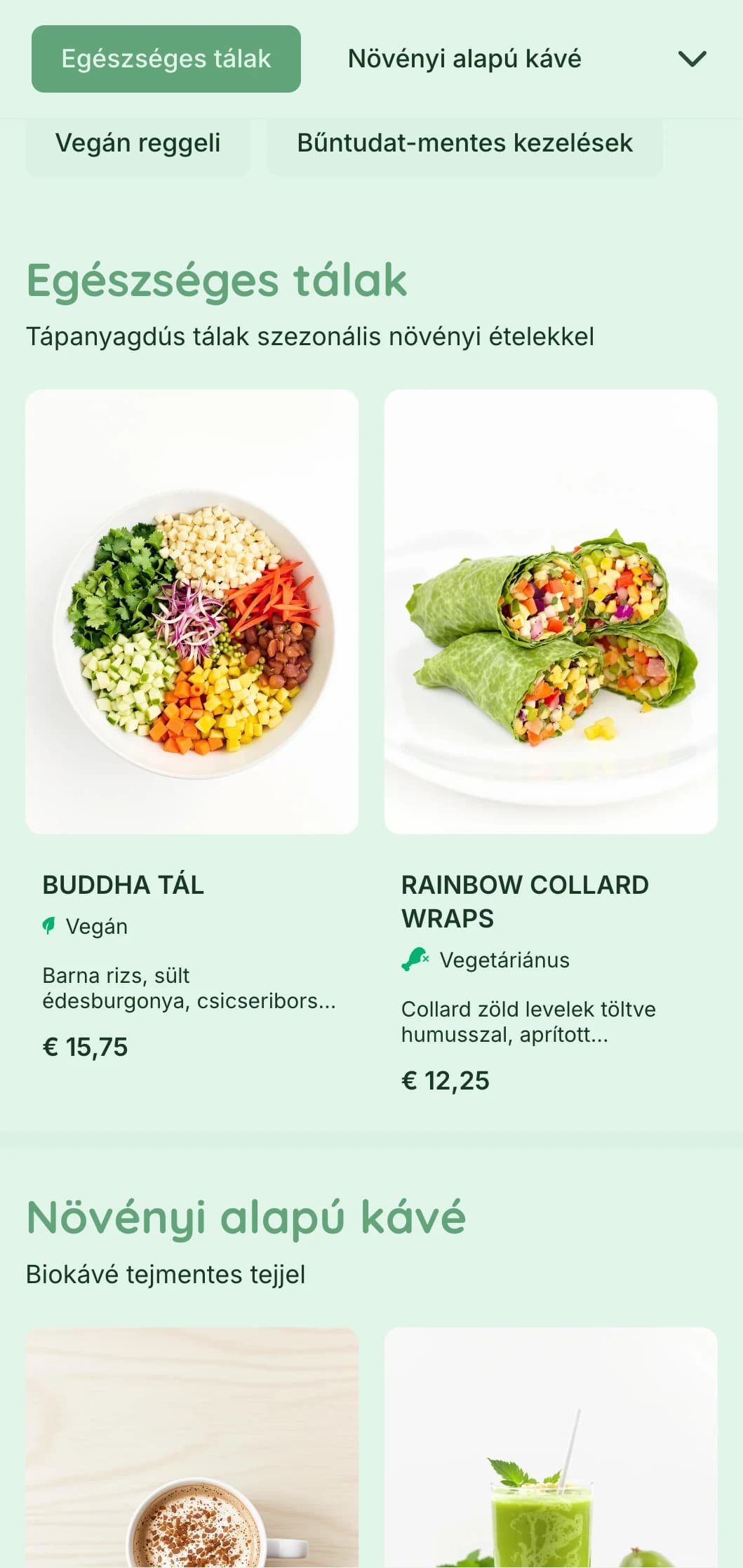 Friss zöld design, amely kiemeli a növényi alapú kínálatot a vegán kávézók és az egészséges ételeket kínáló helyek számára.