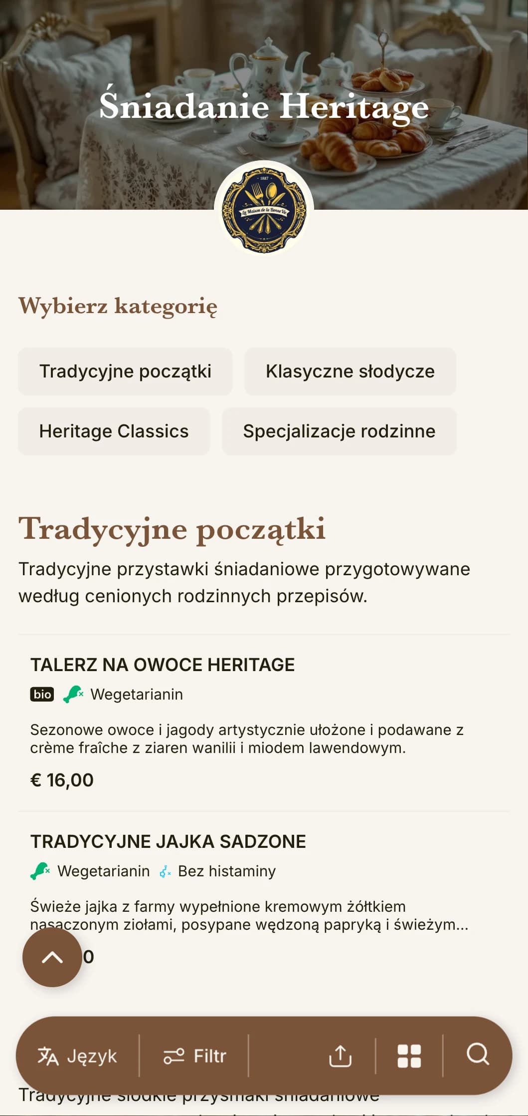 Tradycyjne śniadania inspirowane ponadczasowymi rodzinnymi przepisami i klasycznymi technikami kulinarnymi.