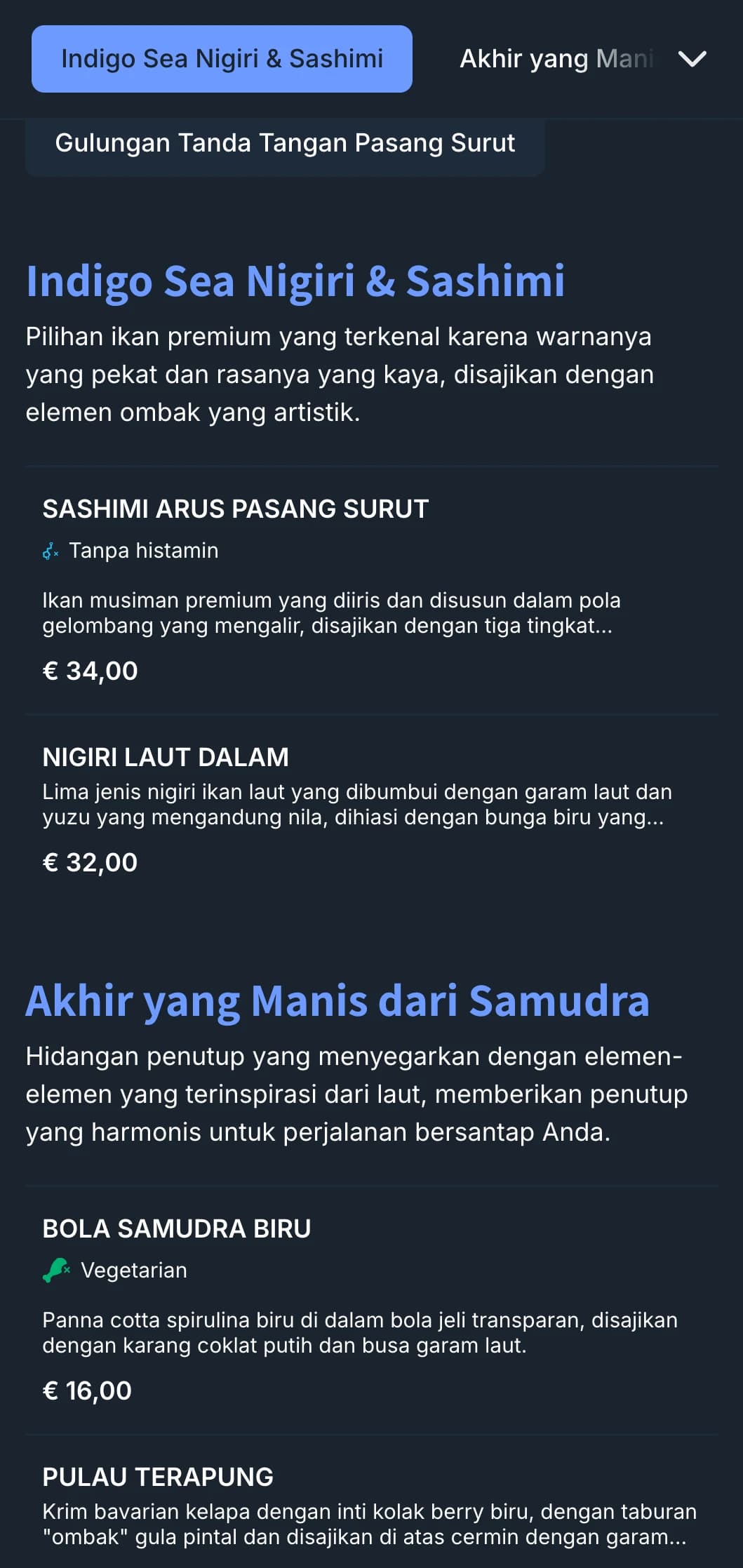 Menu sushi yang terinspirasi dari lautan dengan ombak nila dan desain kontemporer untuk restoran yang berfokus pada hidangan laut.