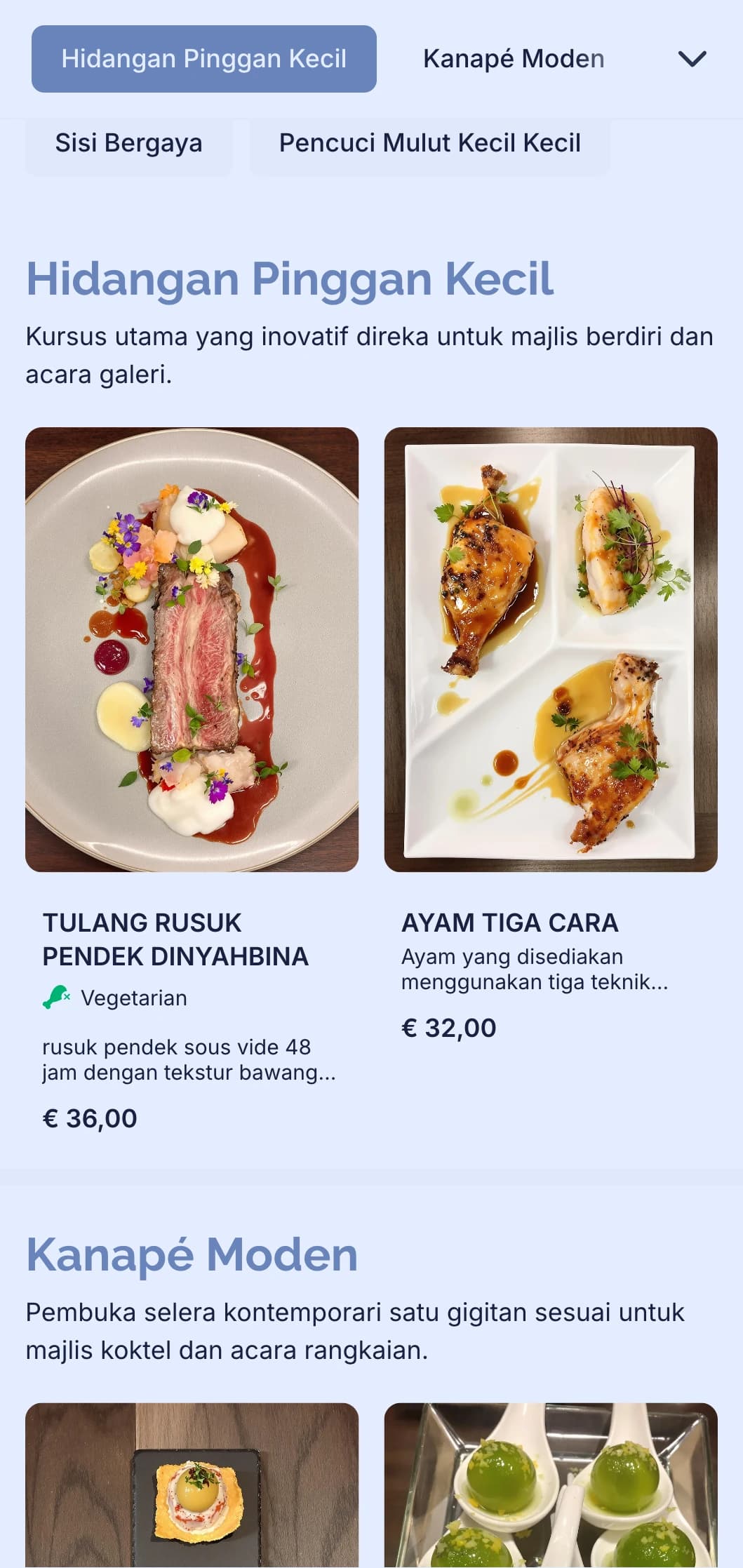 Katering moden yang bergaya untuk acara koktel yang menampilkan kanape yang inovatif, makanan kecil dan persembahan kontemporari untuk acara rangkaian dan pembukaan galeri.