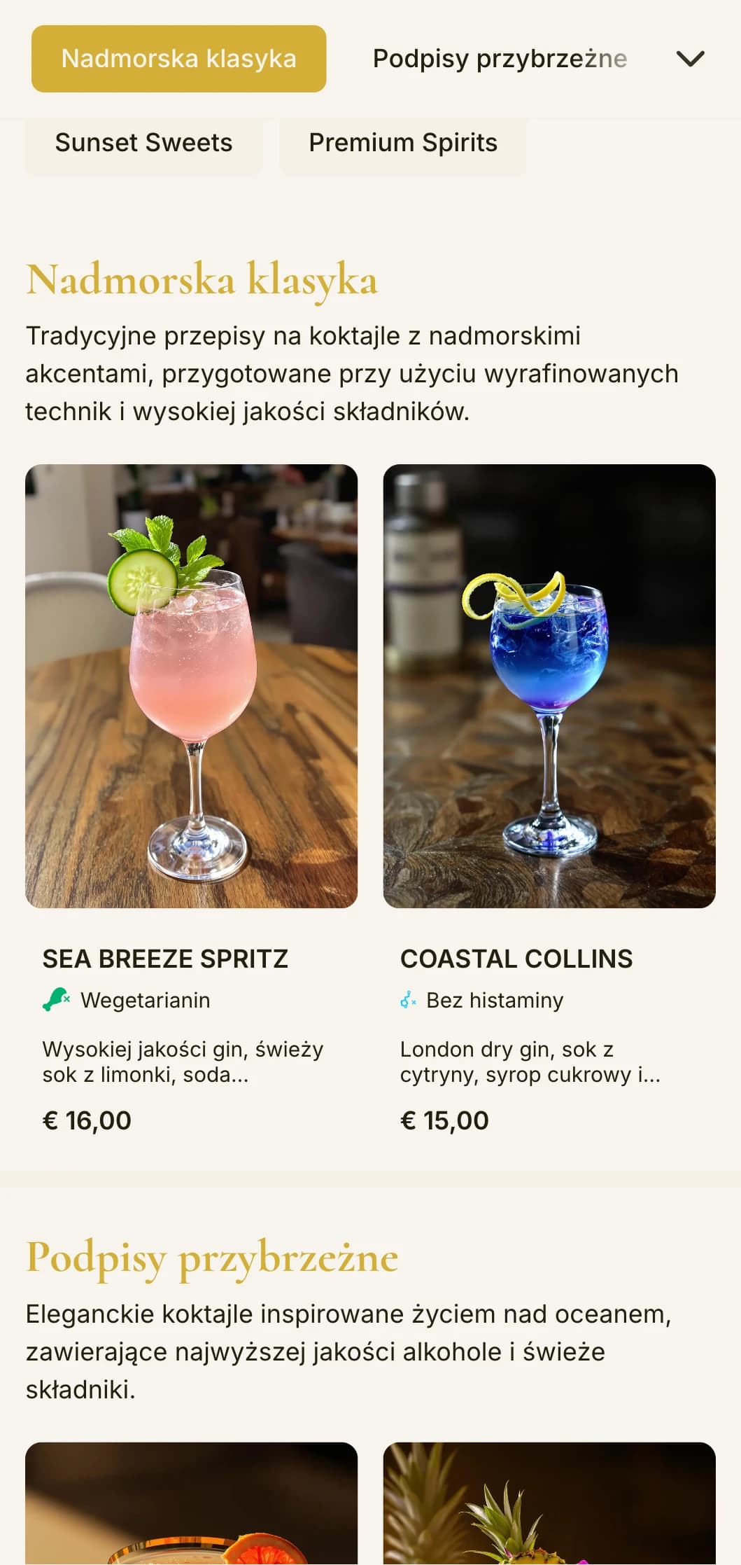 Wyrafinowany, inspirowany wybrzeżem projekt dla ekskluzywnych barów plażowych i kurortowych z elegancką typografią i złotymi akcentami.