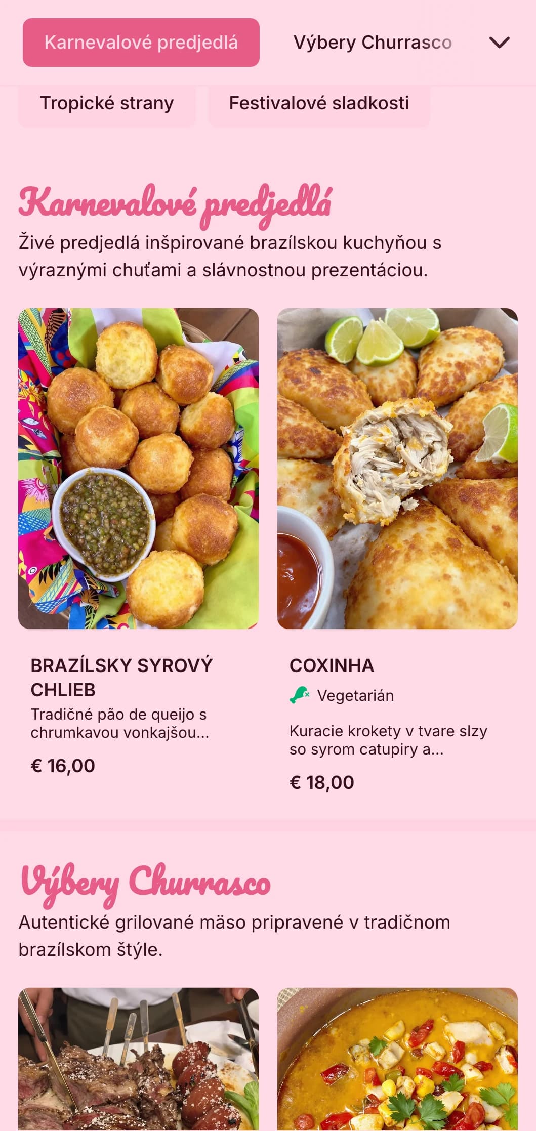 Energický catering inšpirovaný brazílskym štýlom s grilovaným mäsom, tropickými prvkami a slávnostnou prezentáciou na živé oslavy.