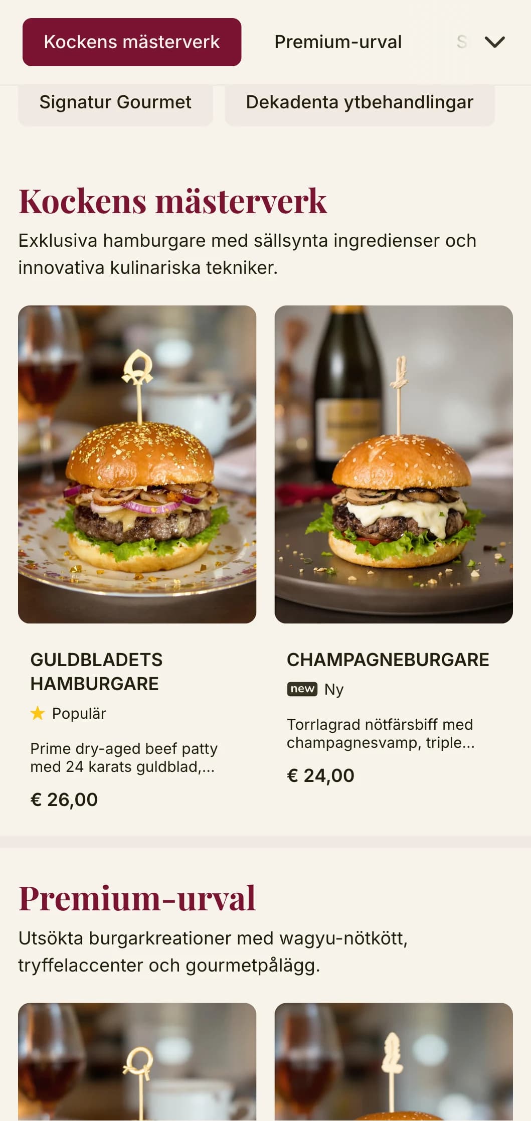 Förhöjd hamburgerupplevelse med förstklassig typografi och rik färgpalett för en exklusiv hamburgerupplevelse.