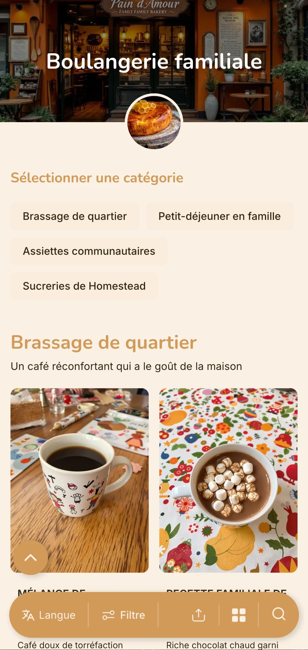 Un design orange chaud avec des éléments chaleureux pour les boulangeries familiales et les cafés de quartier.