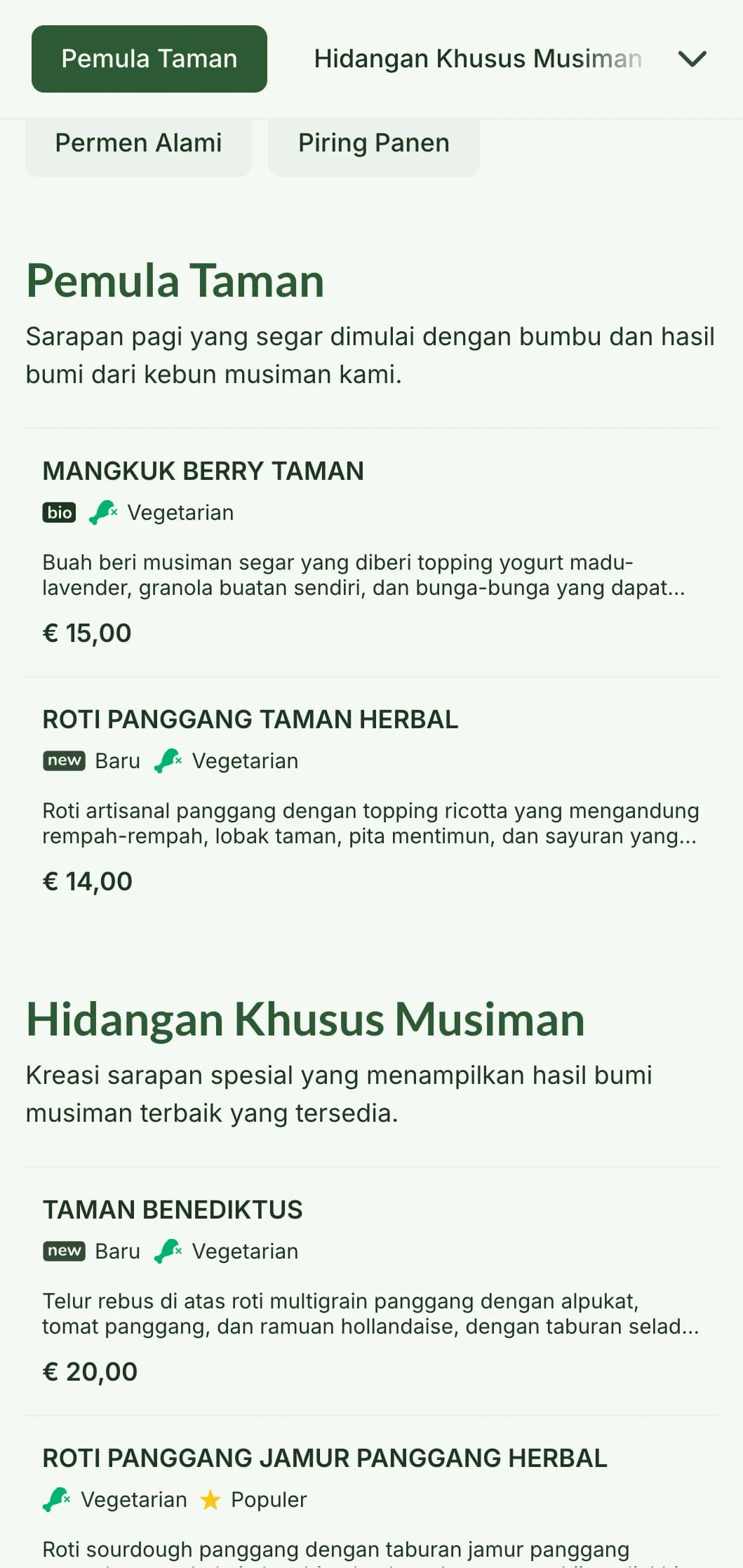 Hidangan sarapan yang terinspirasi dari alam yang menampilkan hasil bumi musiman dan bahan-bahan organik dalam penyajian yang menyegarkan.
