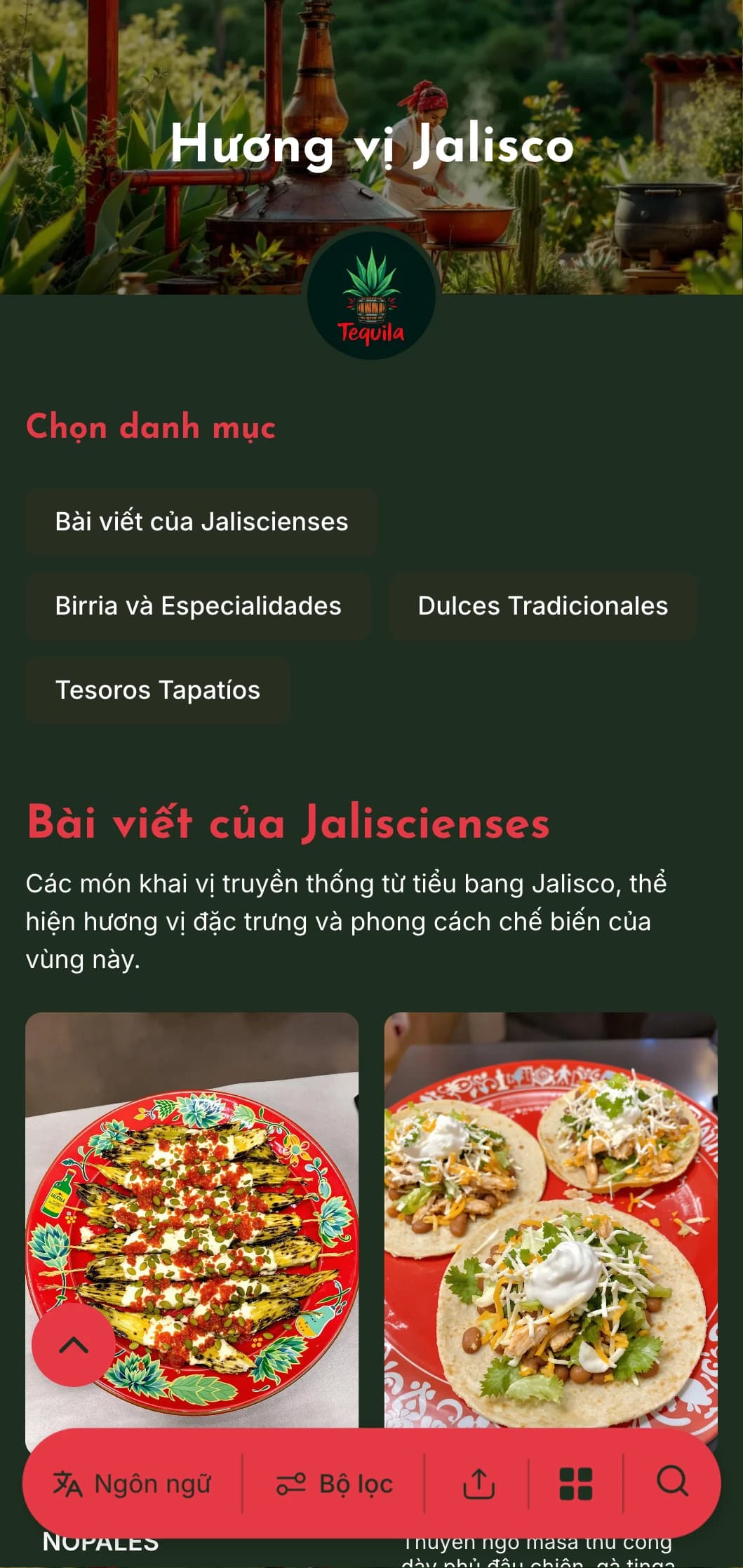 Thực đơn sôi động và đầy hương vị với các món đặc sản của Jalisco như rượu tequila, birria và các món ăn truyền thống lấy cảm hứng từ nhạc mariachi.