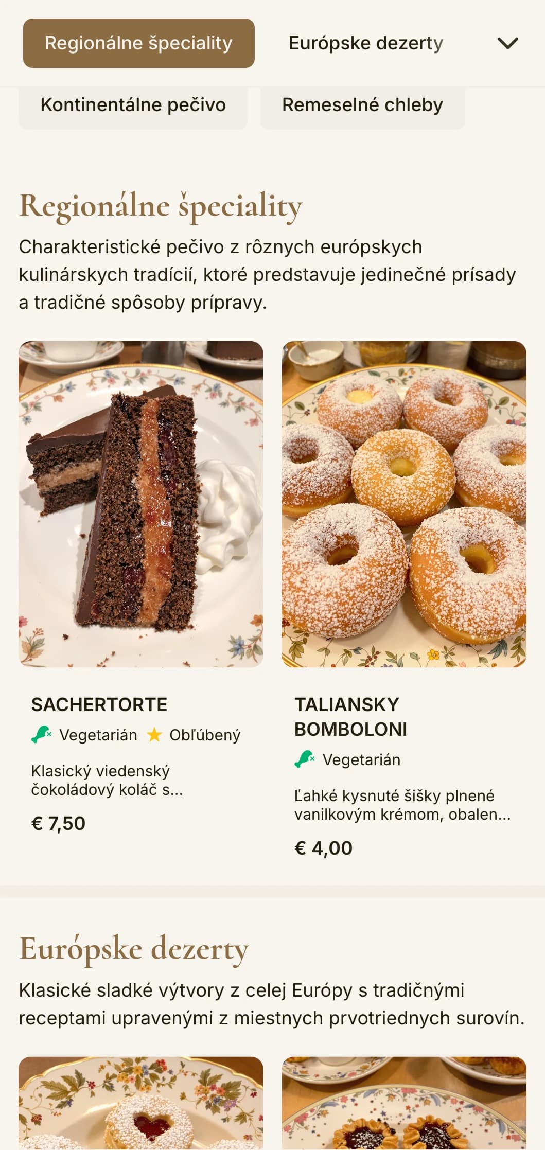 Sofistikovaný dizajn kontinentálneho jedálneho lístka pre pekárne s teplými hnedými tónmi a elegantnou typografiou, ktorý je ideálny pre pekárne a cukrárne európskeho štýlu.