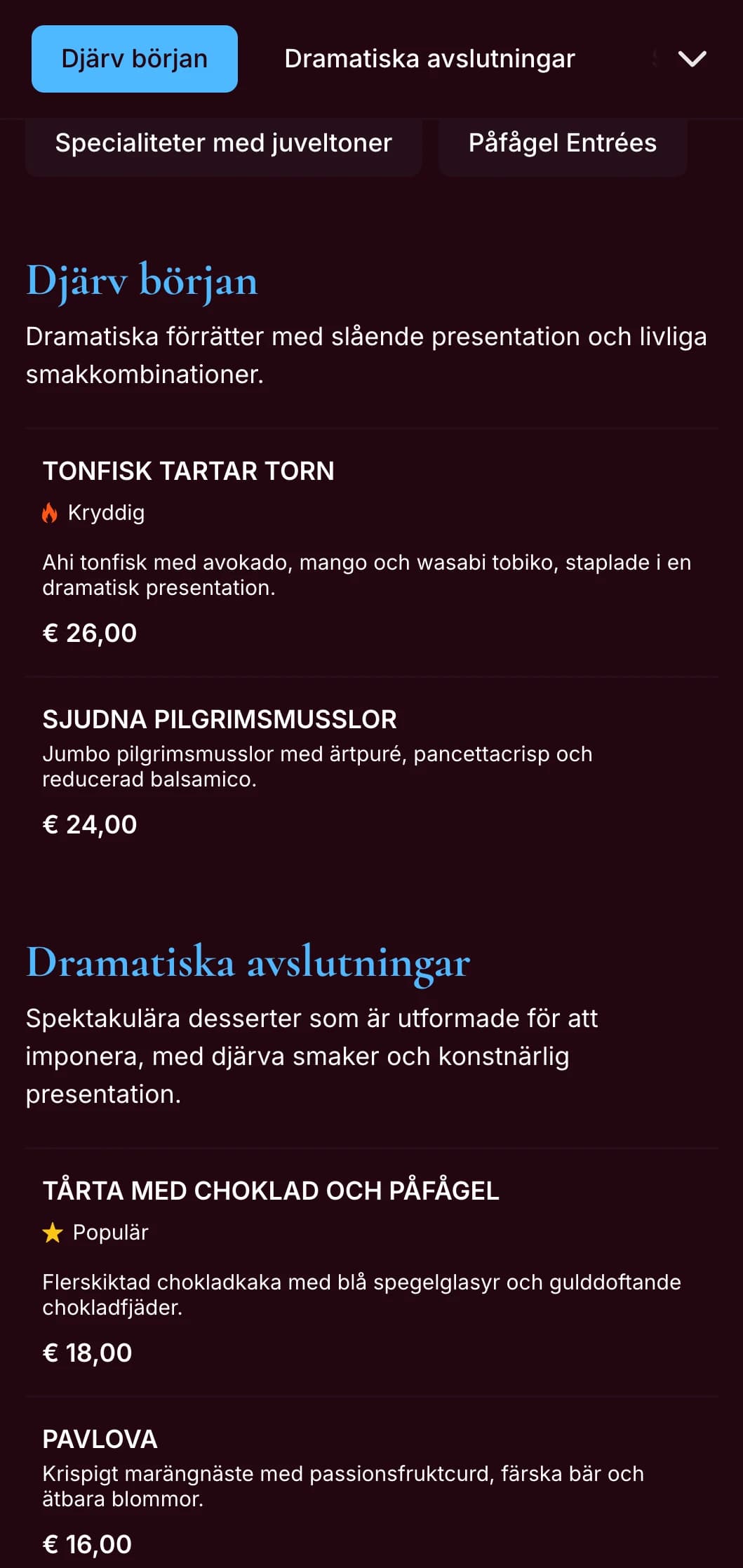 En slående påfågelblå middagsmeny med rika juvelfärger och dramatisk styling, utformad för restauranger med djärv karaktär.