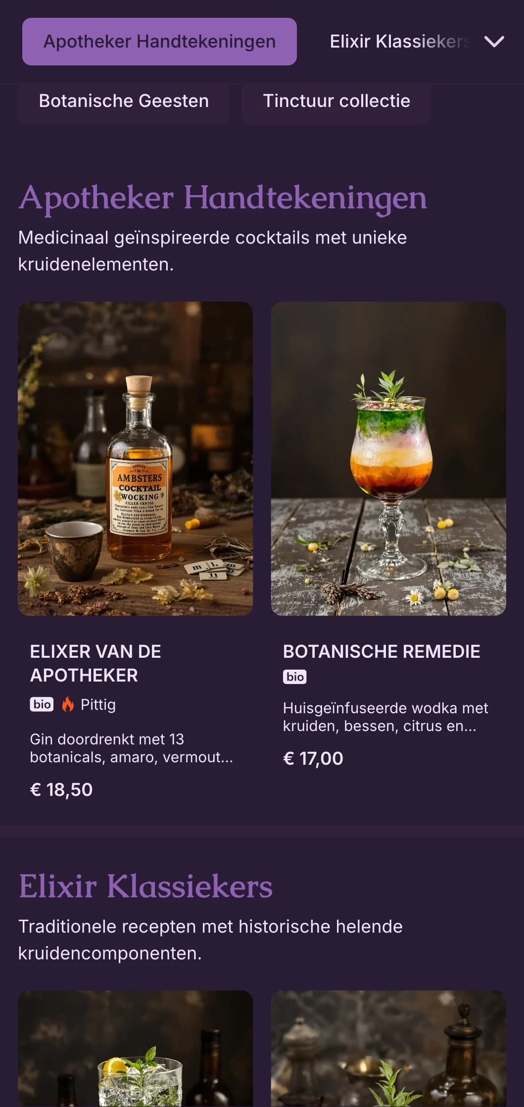 Mysterieus paars ontwerp met botanische illustraties voor ambachtelijke cocktaillaboratoria.