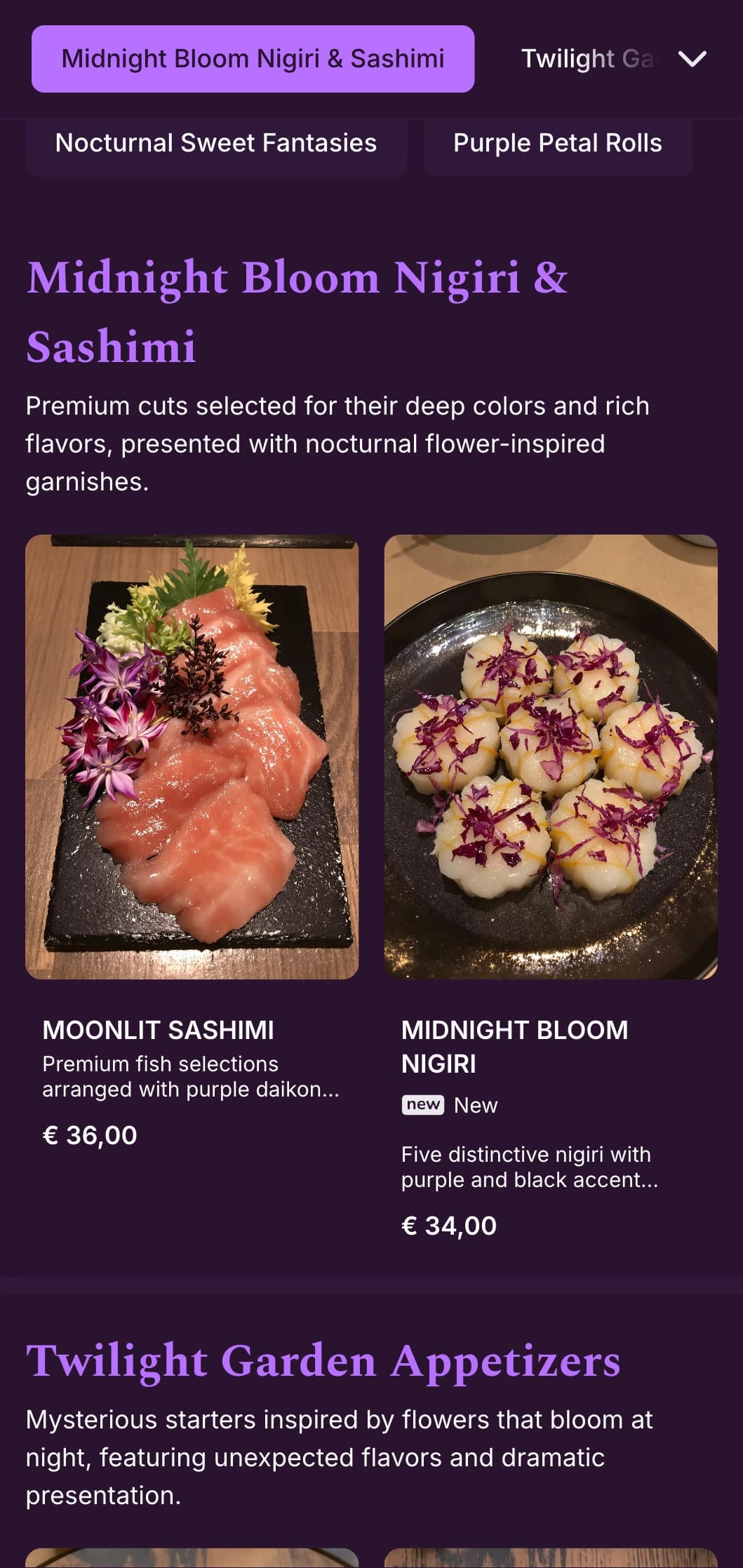 Luxurious evening sushi experience featuring deep purple accents and dramatic floral elements.