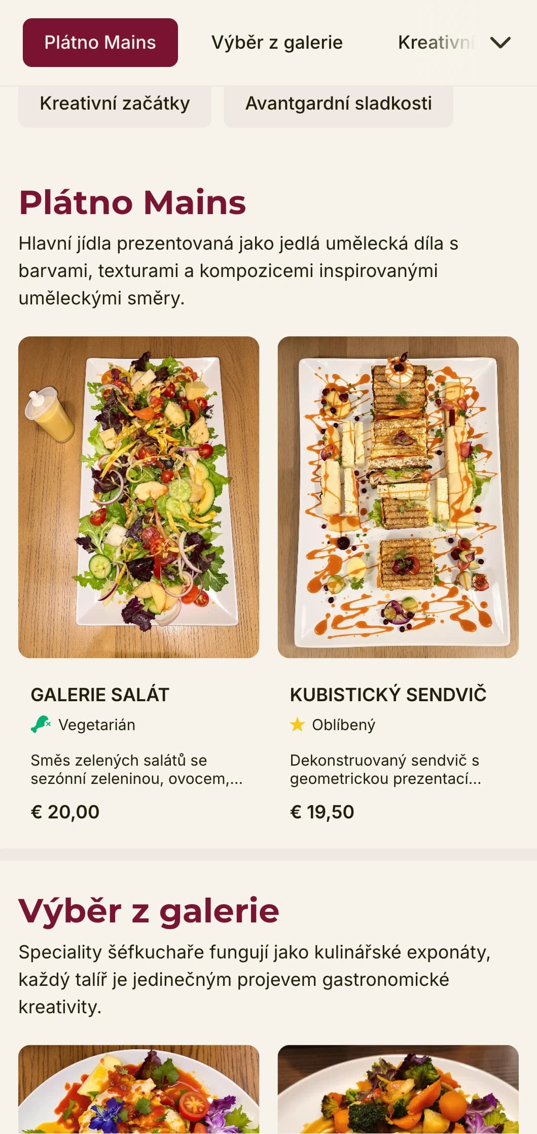 Kreativní, uměním inspirovaný design poledního menu s výraznými barevnými akcenty a expresivním uspořádáním, ideální pro restaurace v blízkosti galerií a uměleckých čtvrtí.