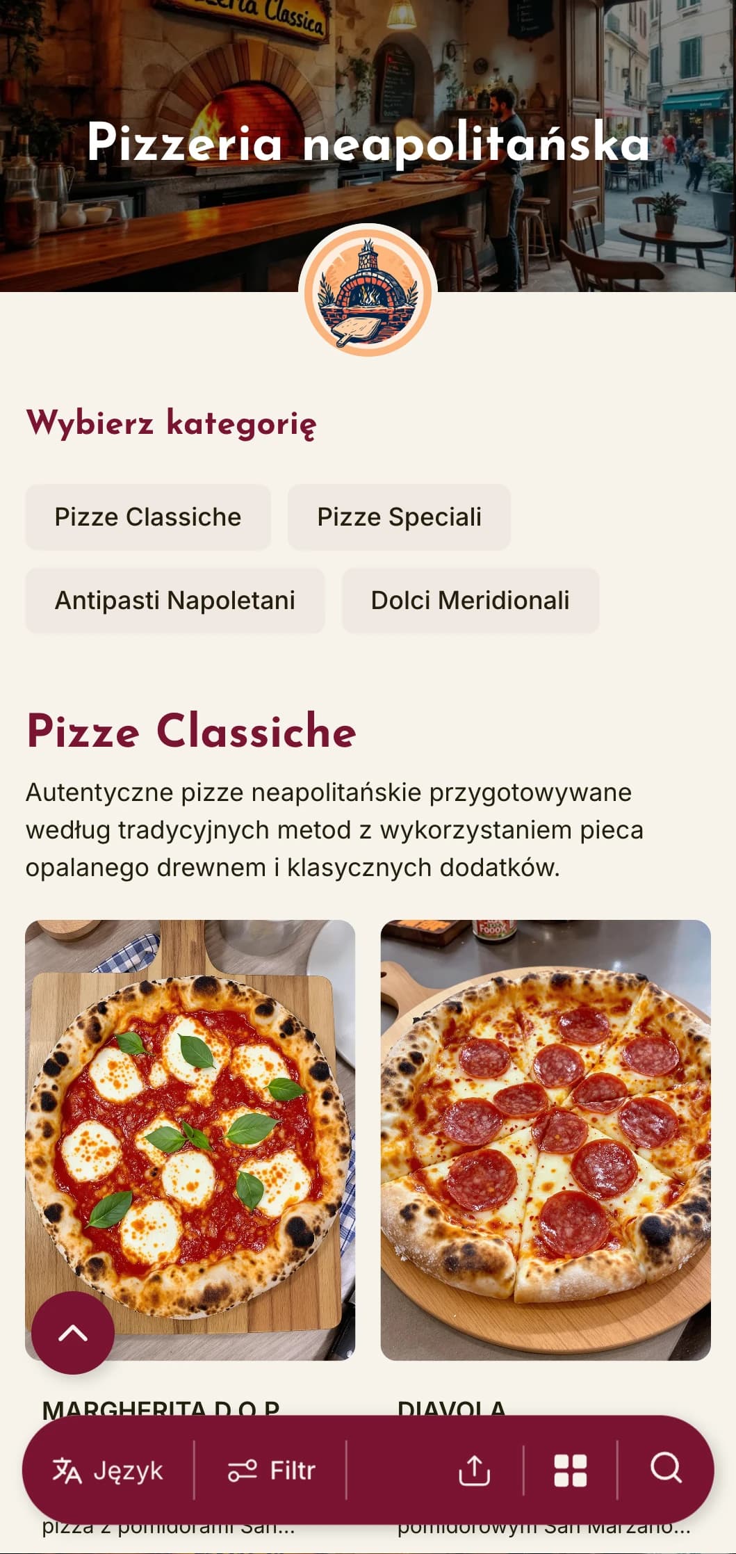Żywy design z ciepłymi kolorami i rustykalnymi elementami celebrującymi tradycję pizzy w Neapolu i południowo-włoski styl.