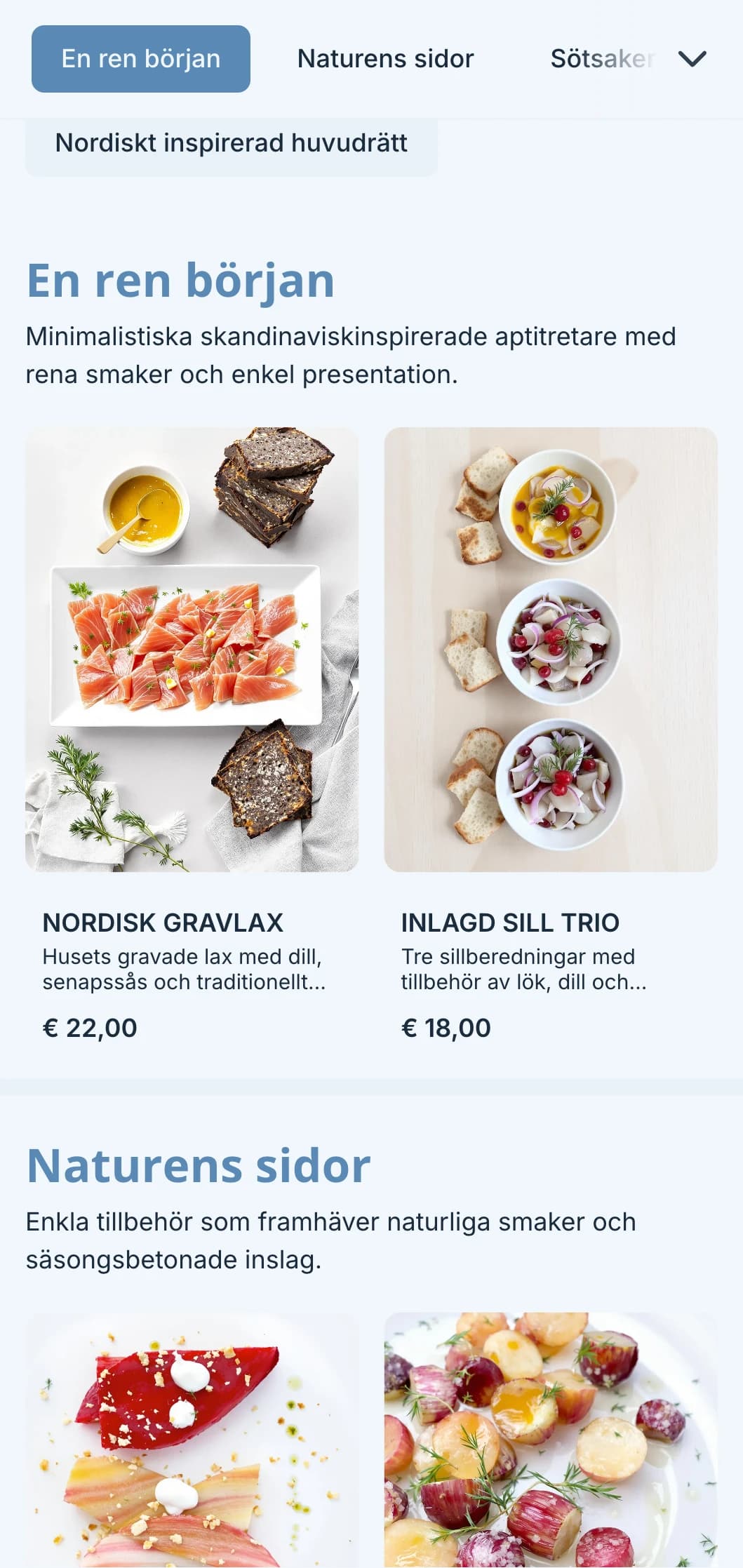 Ren skandinaviskinspirerad catering med minimalistisk design, fermenterade element och naturinspirerad presentation för moderna evenemang.