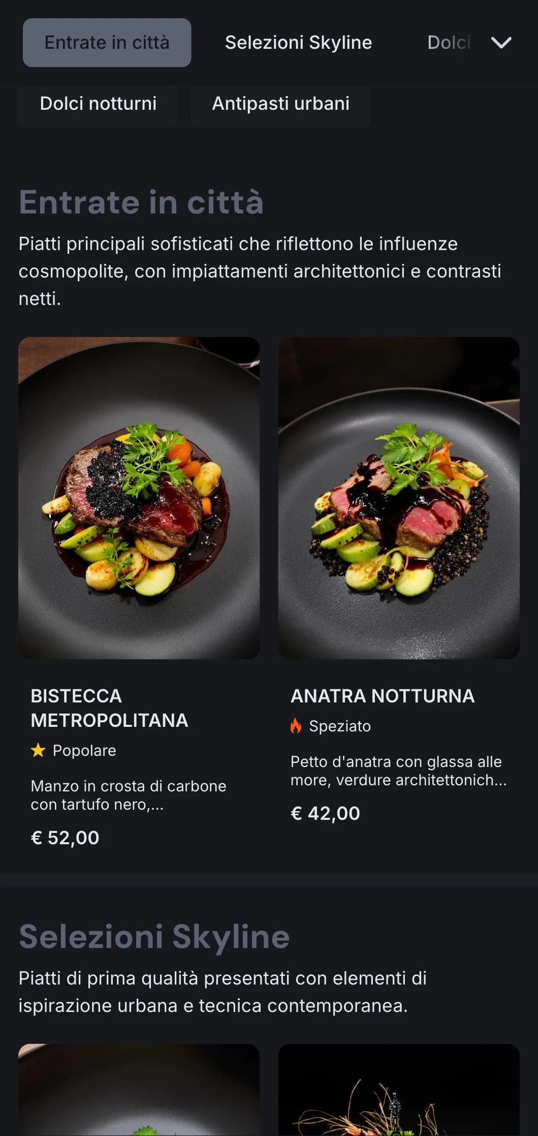 Concetto audace e metropolitano con toni scuri e contrasti netti per un'esperienza culinaria urbana contemporanea.