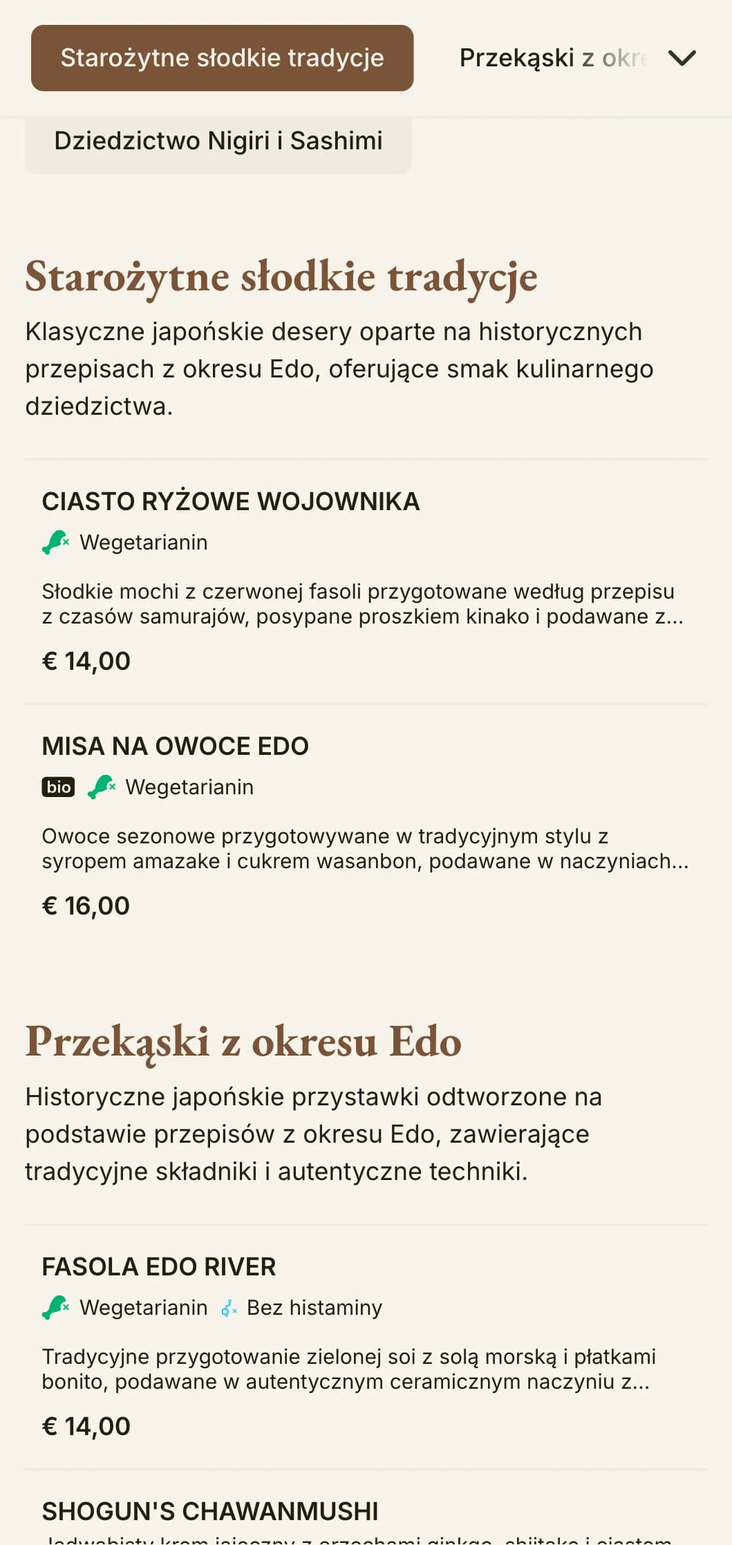 Historyczne, inspirowane Japonią menu sushi w tradycyjnej estetyce okresu Edo z klasyczną typografią.