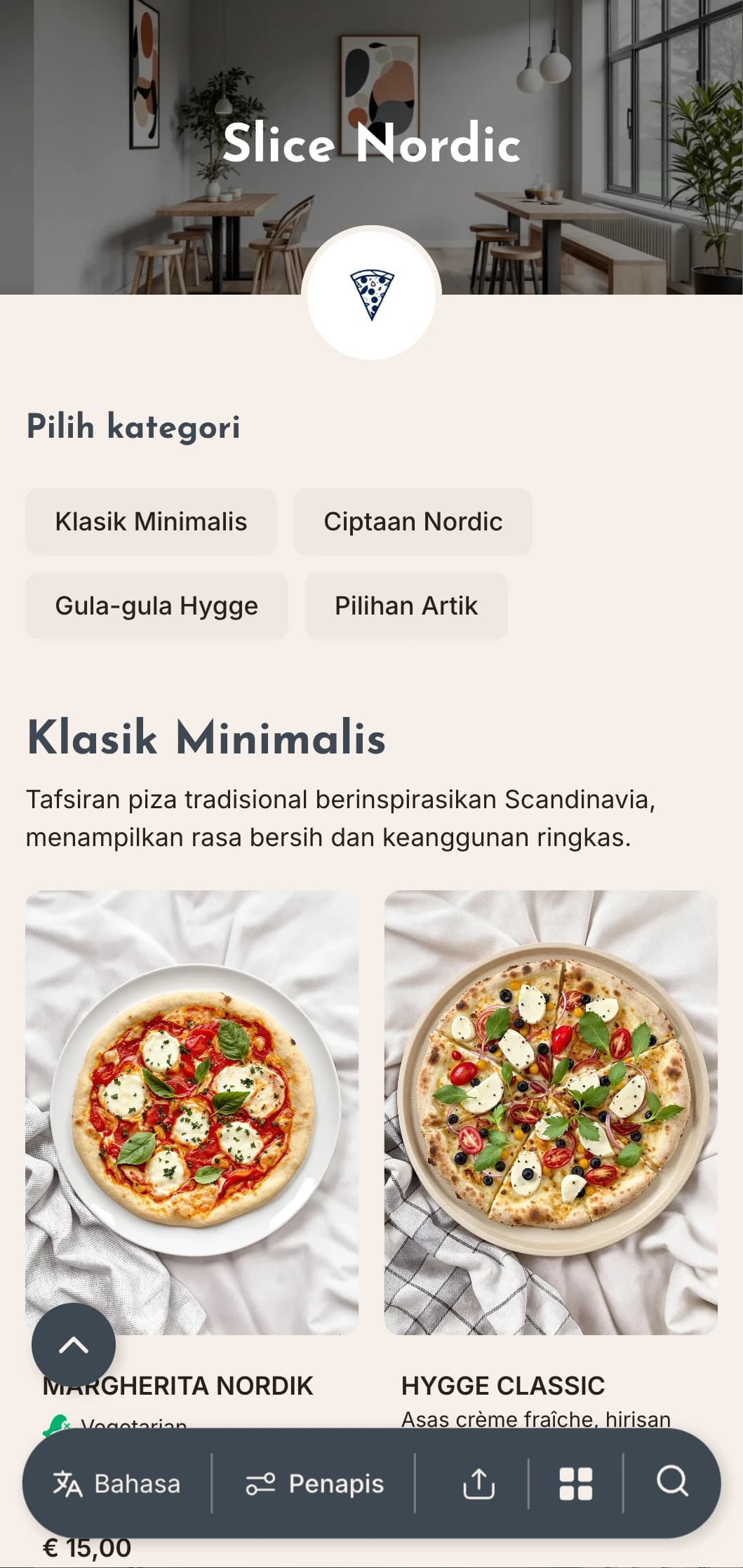 Menu piza berinspirasikan Scandinavia dengan reka bentuk yang bersih, minimum dan estetika berfungsi.