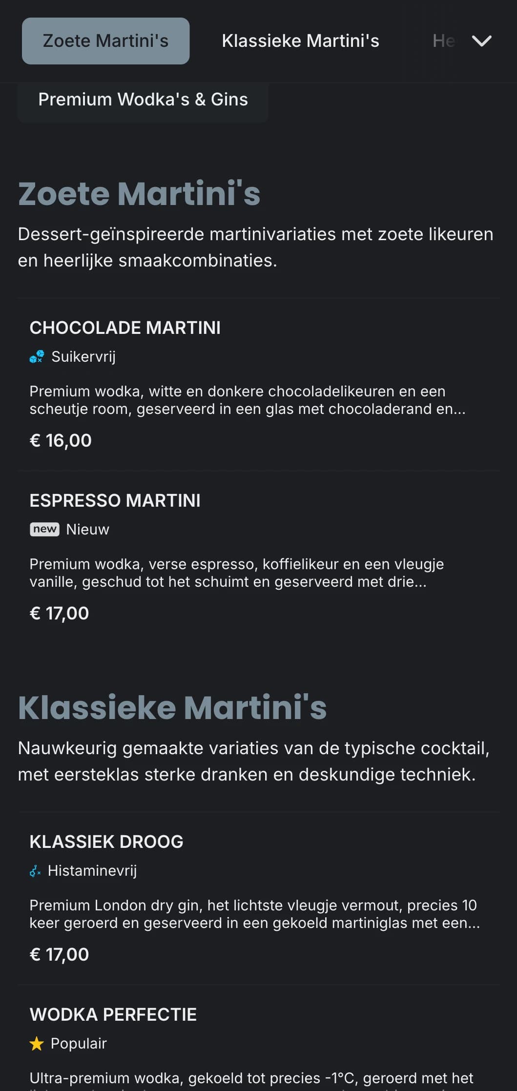 Een verfijnd, stedelijk menu-ontwerp voor martini bars en lounges met strakke typografie en koele grijstinten.