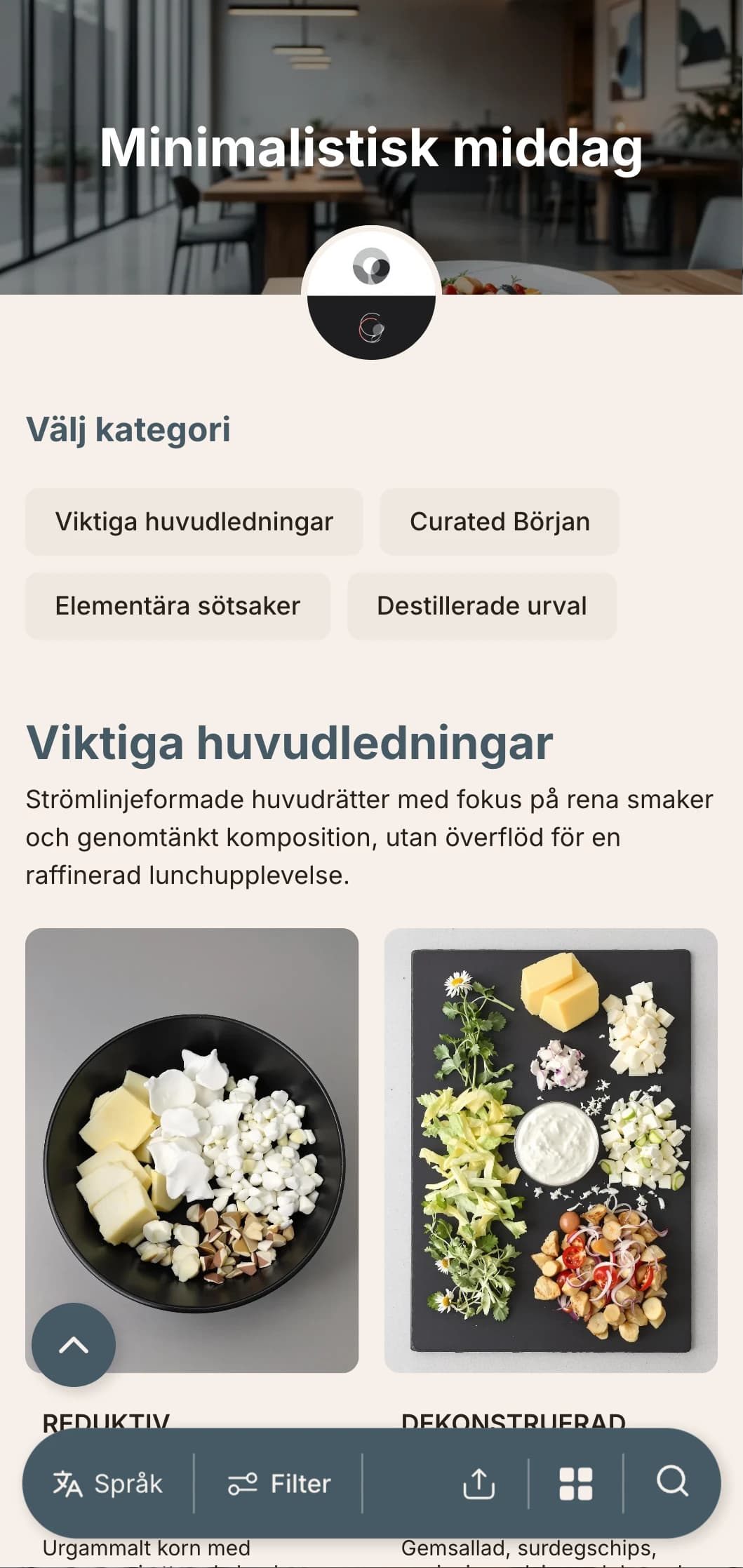 Ren, minimalistisk lunchmenydesign med gott om vitt utrymme och exakt typografi, lämplig för moderna stadsrestauranger med en designinriktad strategi.