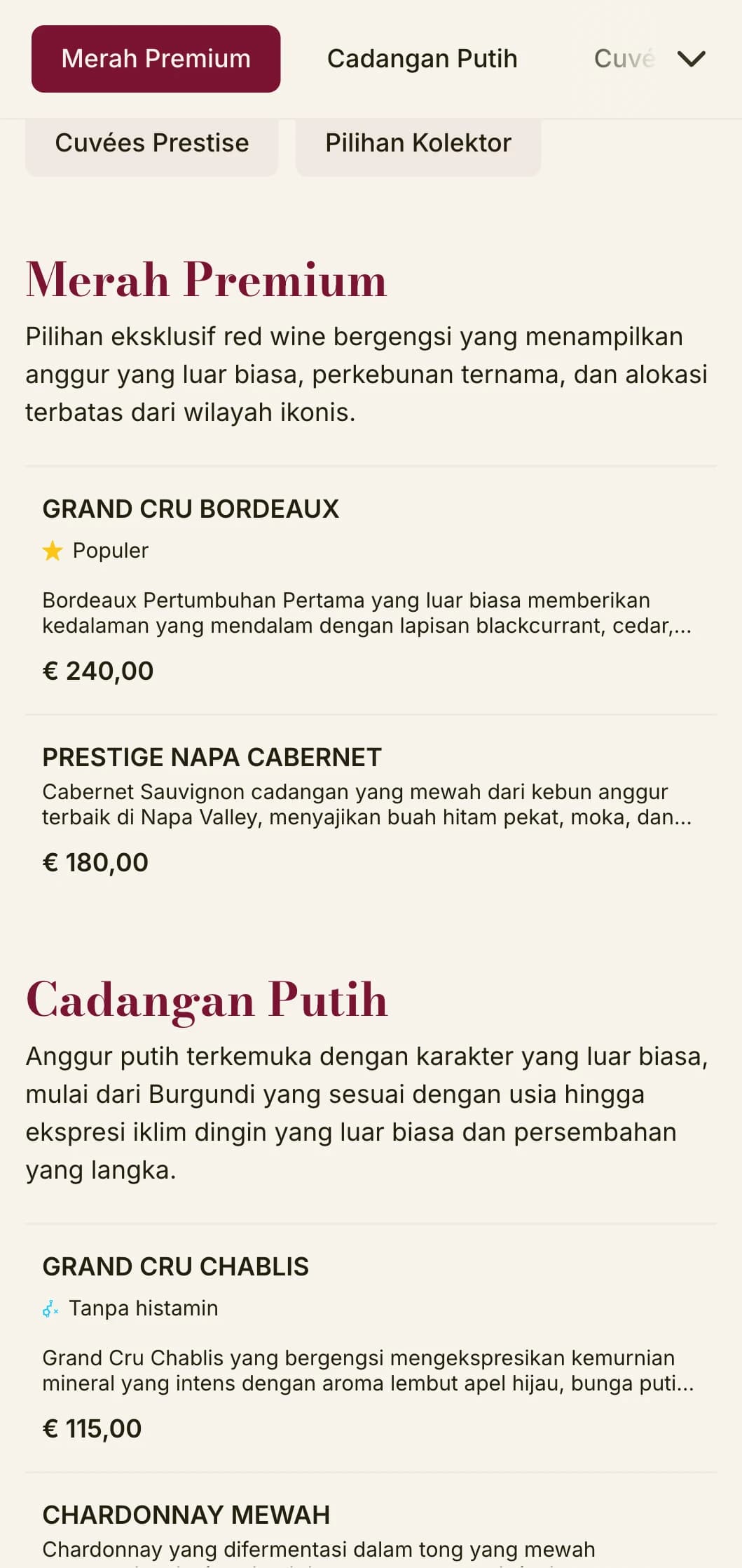 Templat daftar anggur yang sangat mewah dengan aksen merah anggur yang kaya dan tipografi yang canggih, ideal untuk restoran steak premium dan gudang anggur.