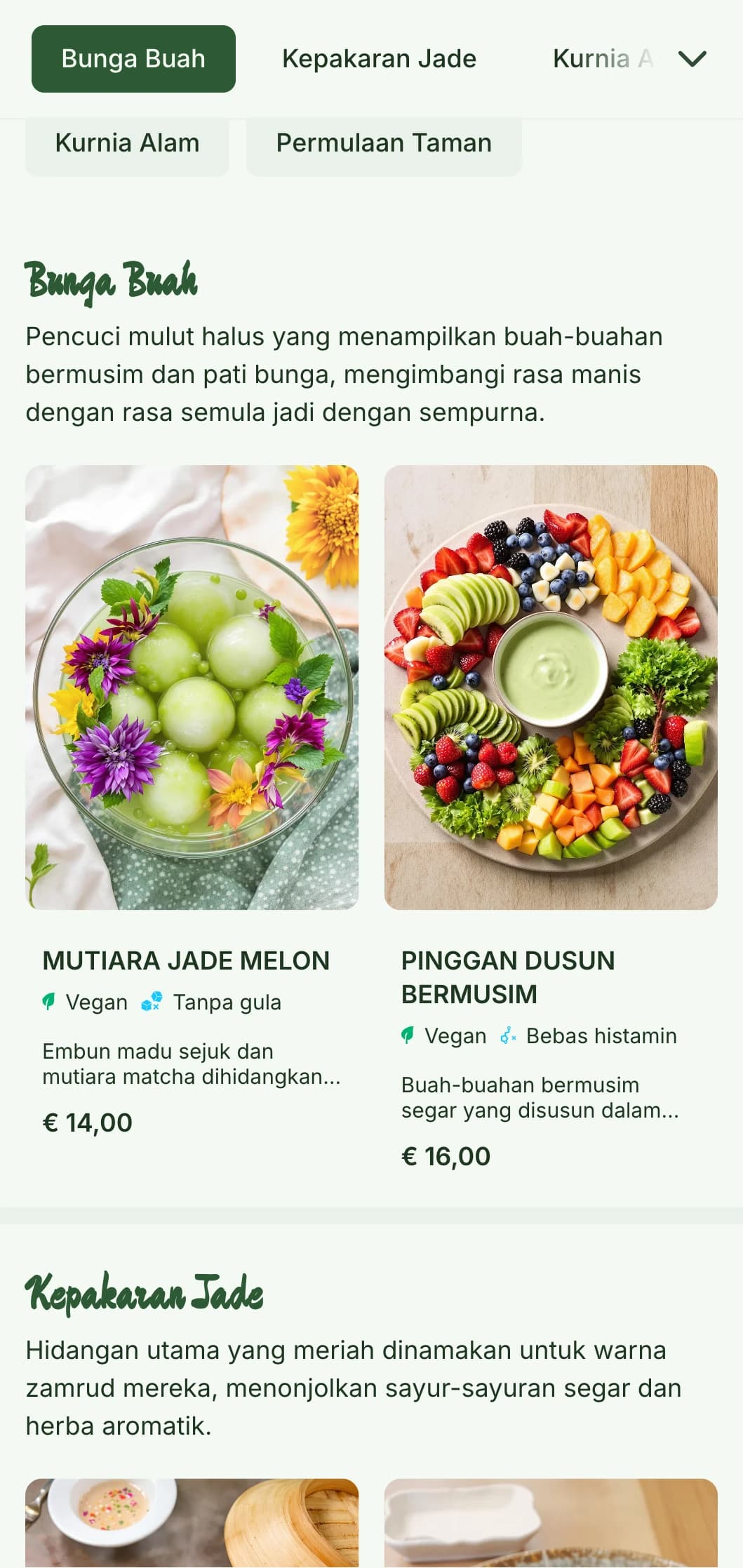Reka bentuk menu Cina yang segar dan bersemangat yang diilhamkan oleh estetika taman, dengan aksen jed dan unsur botani yang sesuai untuk masakan Cina dari ladang ke meja.