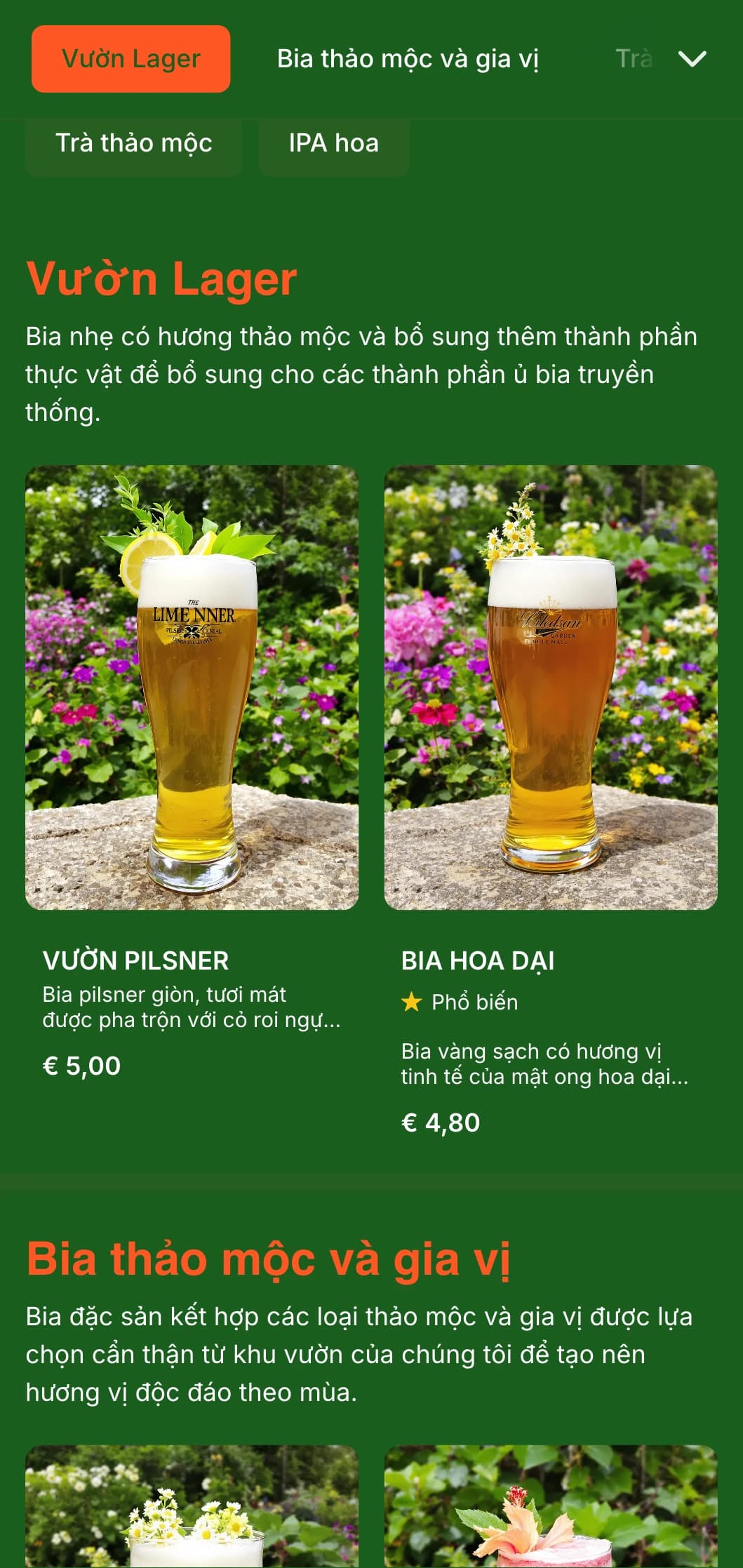 Thiết kế tươi mới lấy cảm hứng từ thực vật với tông màu xanh tươi và các yếu tố thực vật, lý tưởng cho các nhà máy bia ngoài trời và vườn bia.