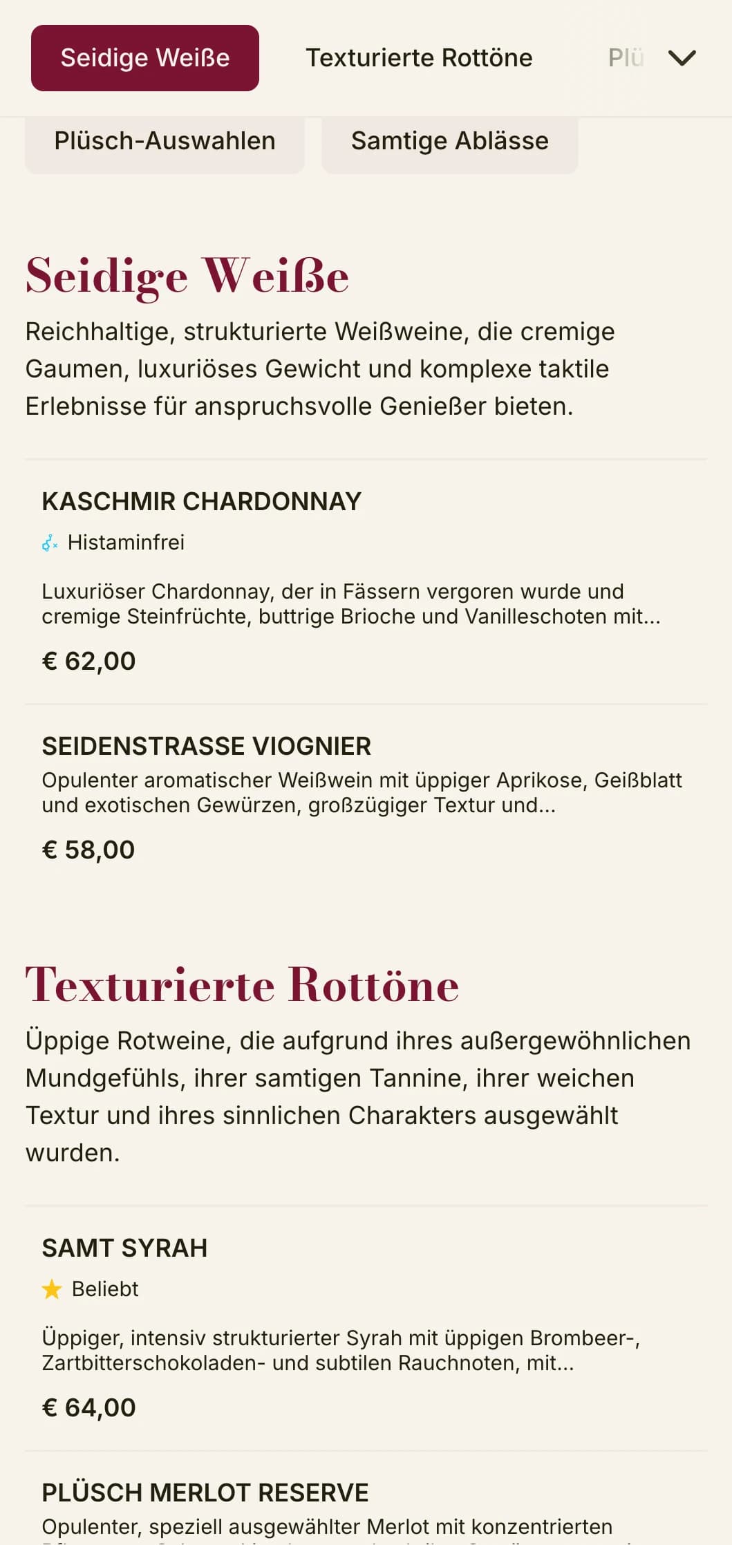 Reich strukturierte Weinkartenvorlage mit tiefroten Samtakzenten und luxuriösen Elementen, ideal für gehobene Weinkeller und intime Lokale.