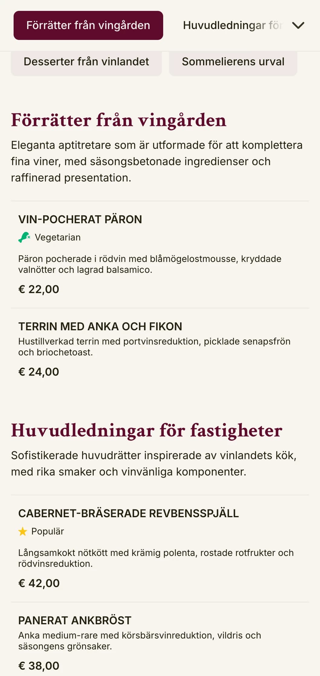En sofistikerad middagsmeny med vininspirerade färger och elegant typografi, utformad för etablissemang med omfattande vinprogram.