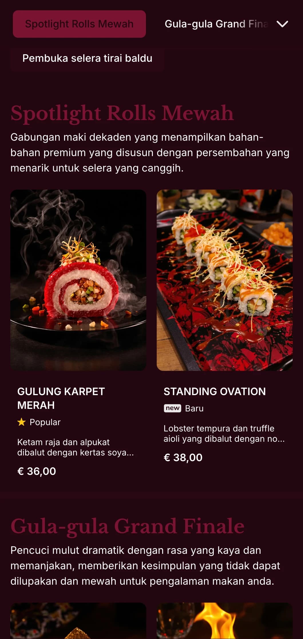 Pengalaman sushi mewah menampilkan rona baldu merah yang kaya dan unsur dramatik untuk tempat premium.