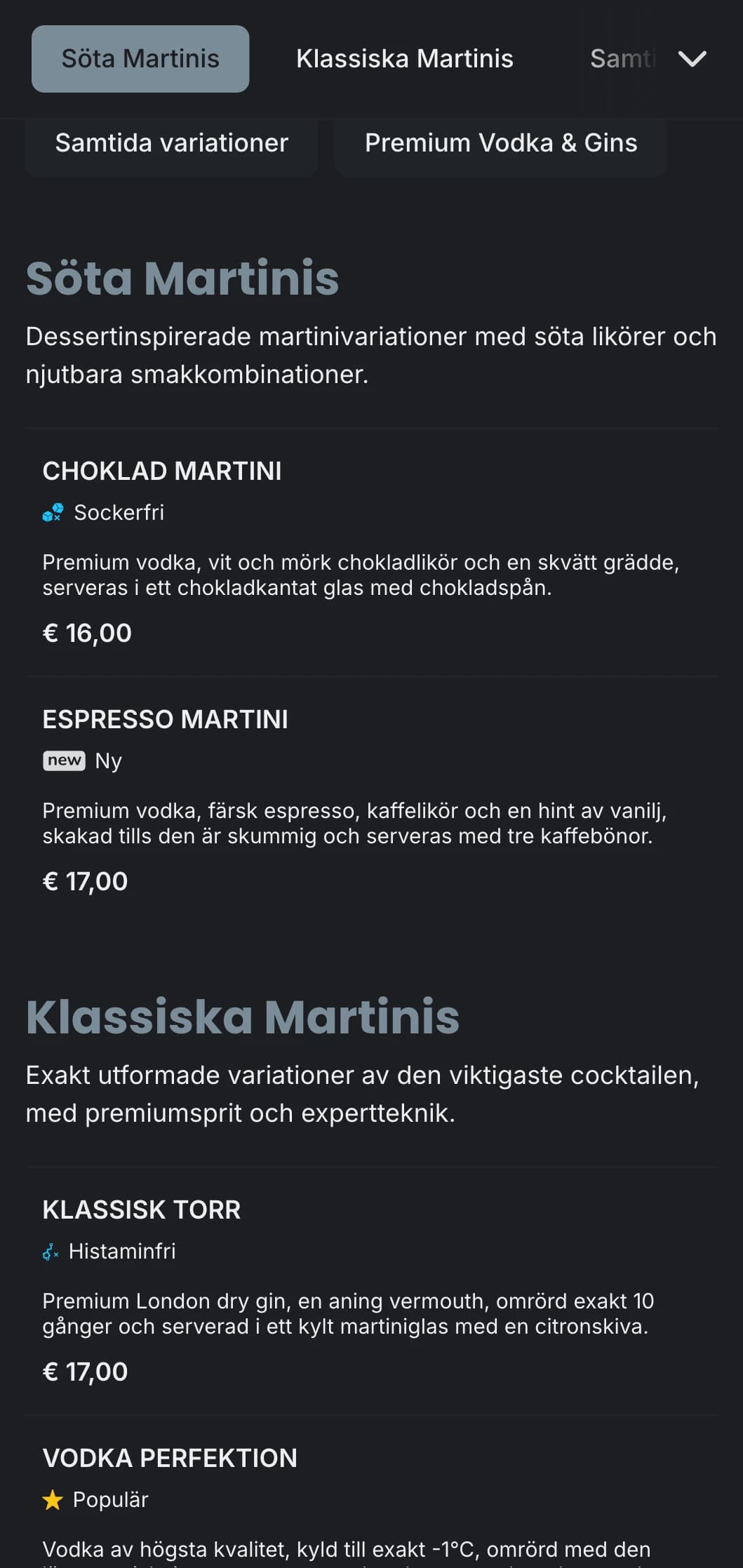 En sofistikerad, urban menydesign för martinibarer och lounger med snygg typografi och svala gråtoner.